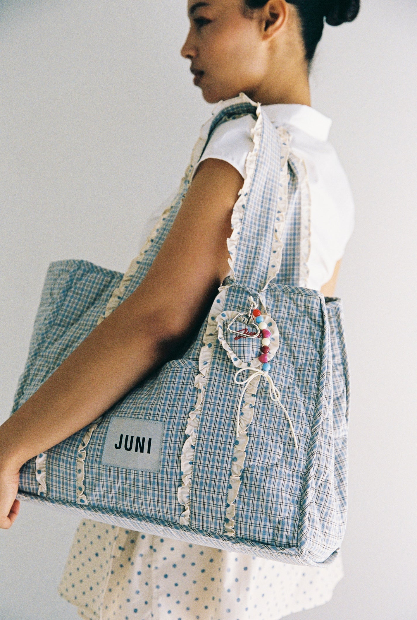 juni heart bag charm - blue check