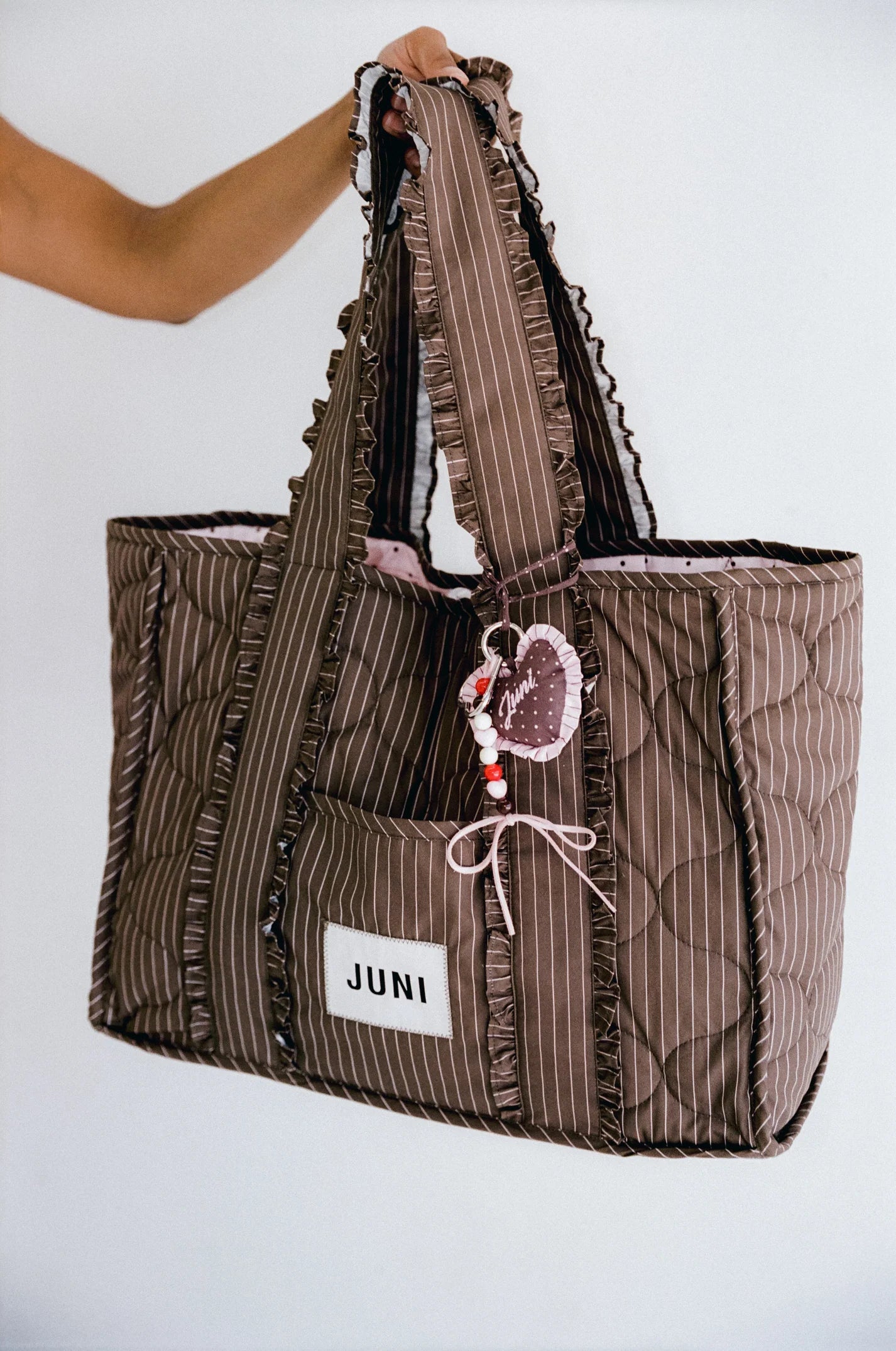 juni heart bag charm - cocoa stripe