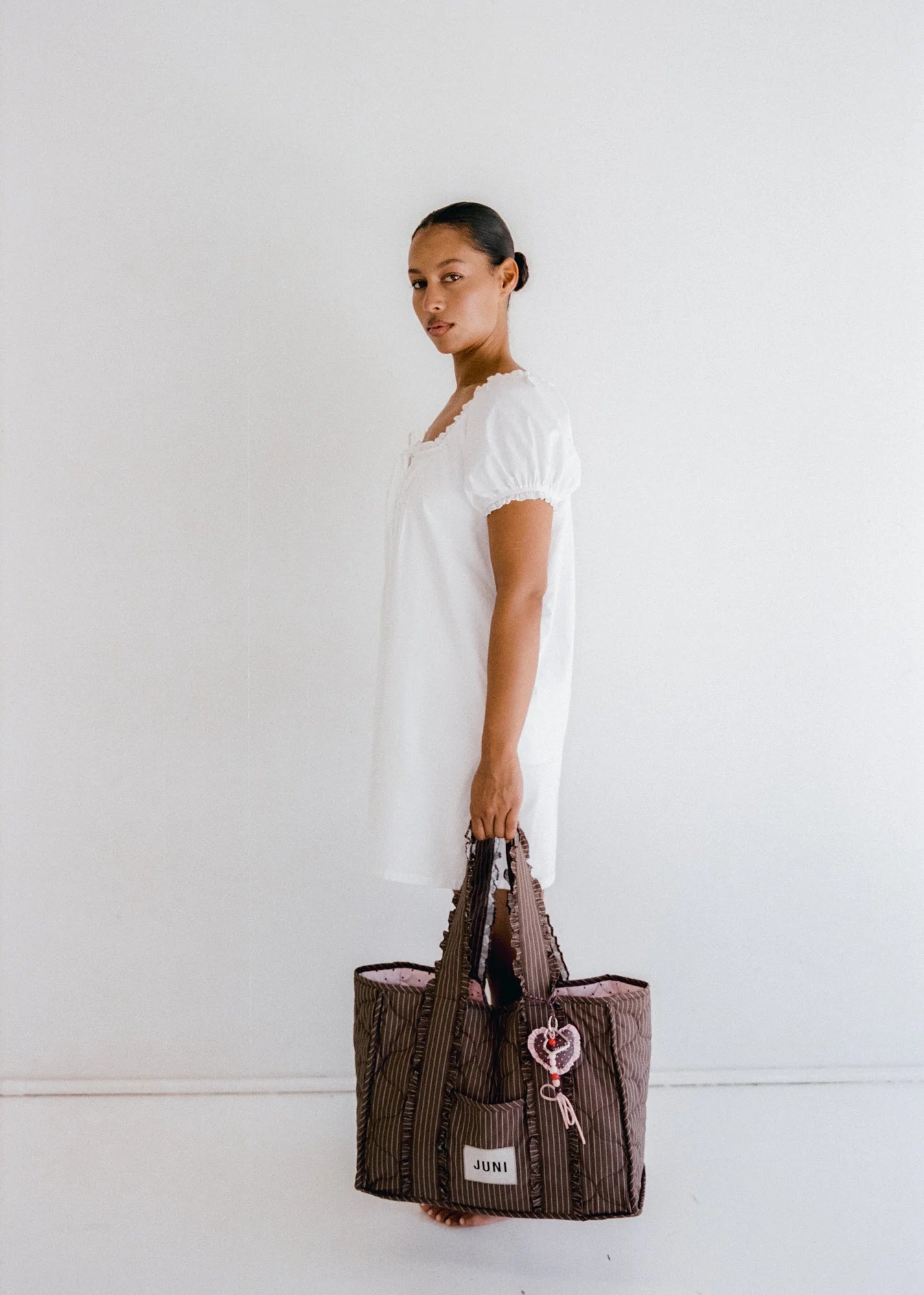 juni heart bag charm - cocoa stripe