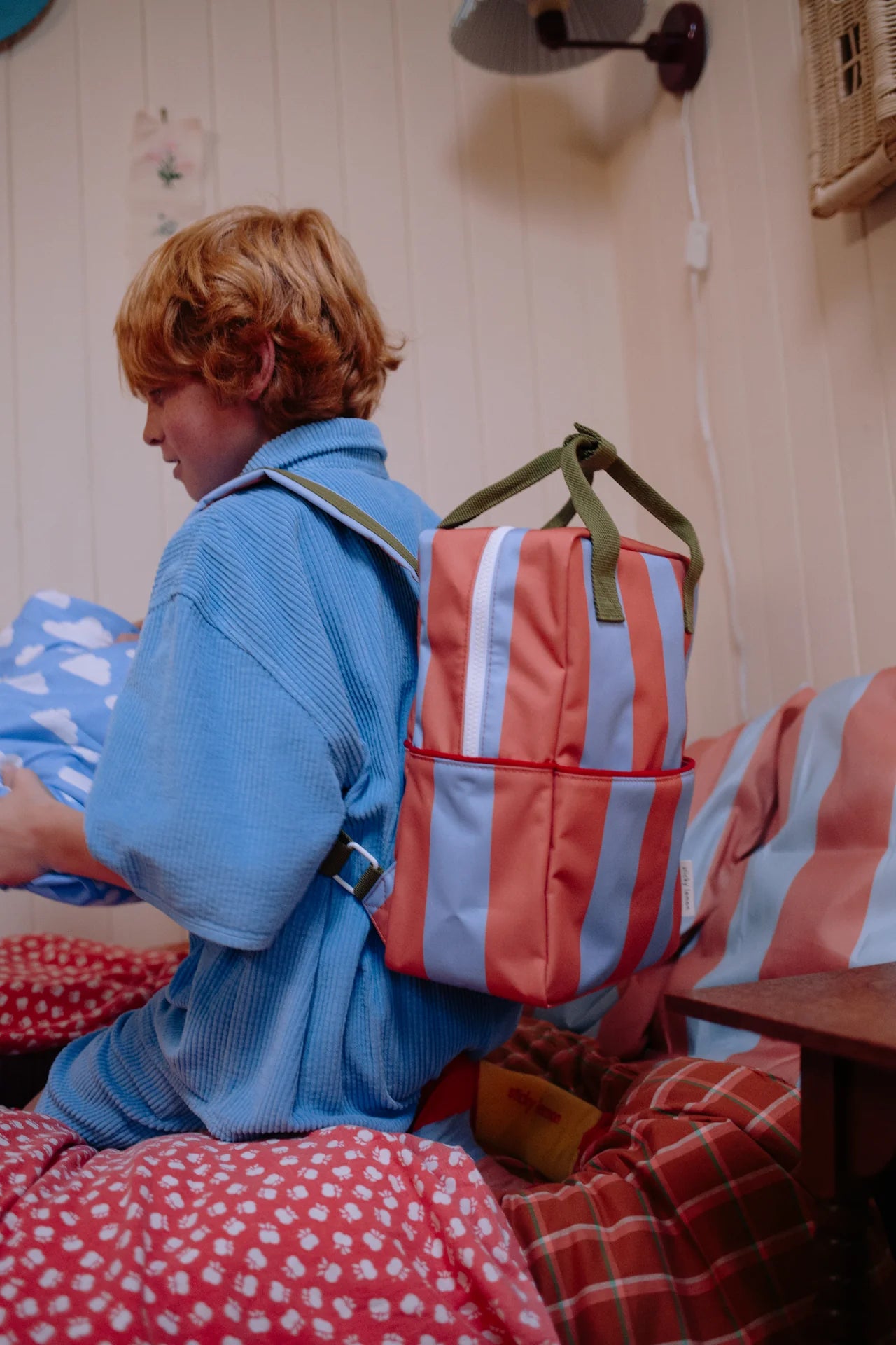 sticky lemon medium backpack - striped cloud blue + maple whirl