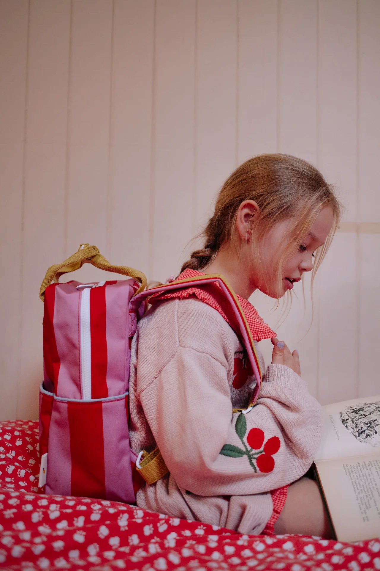 sticky lemon medium backpack - striped red apple + rosebay pink