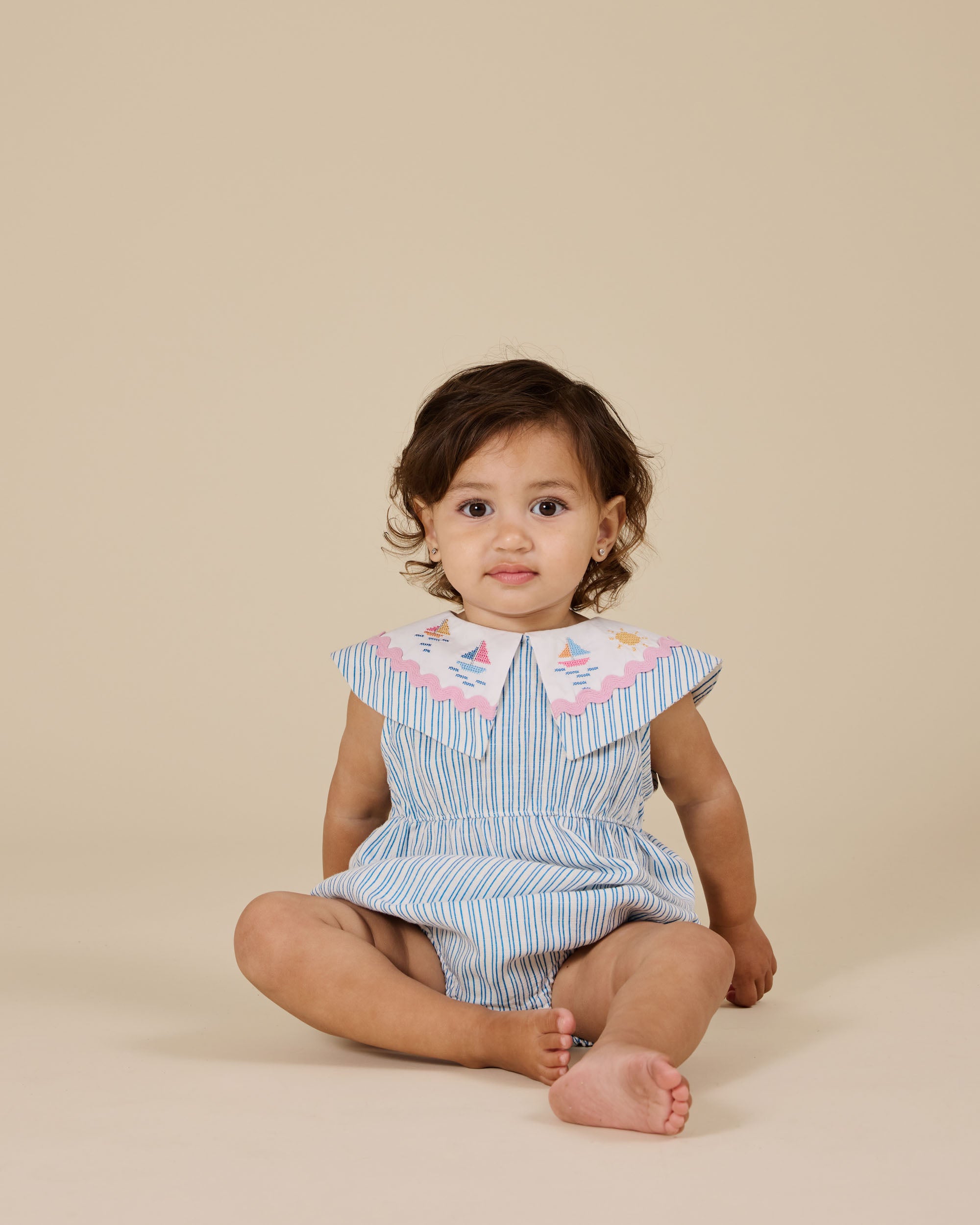goldie + ace sailor stripe ava collared romper - ocean / ivory