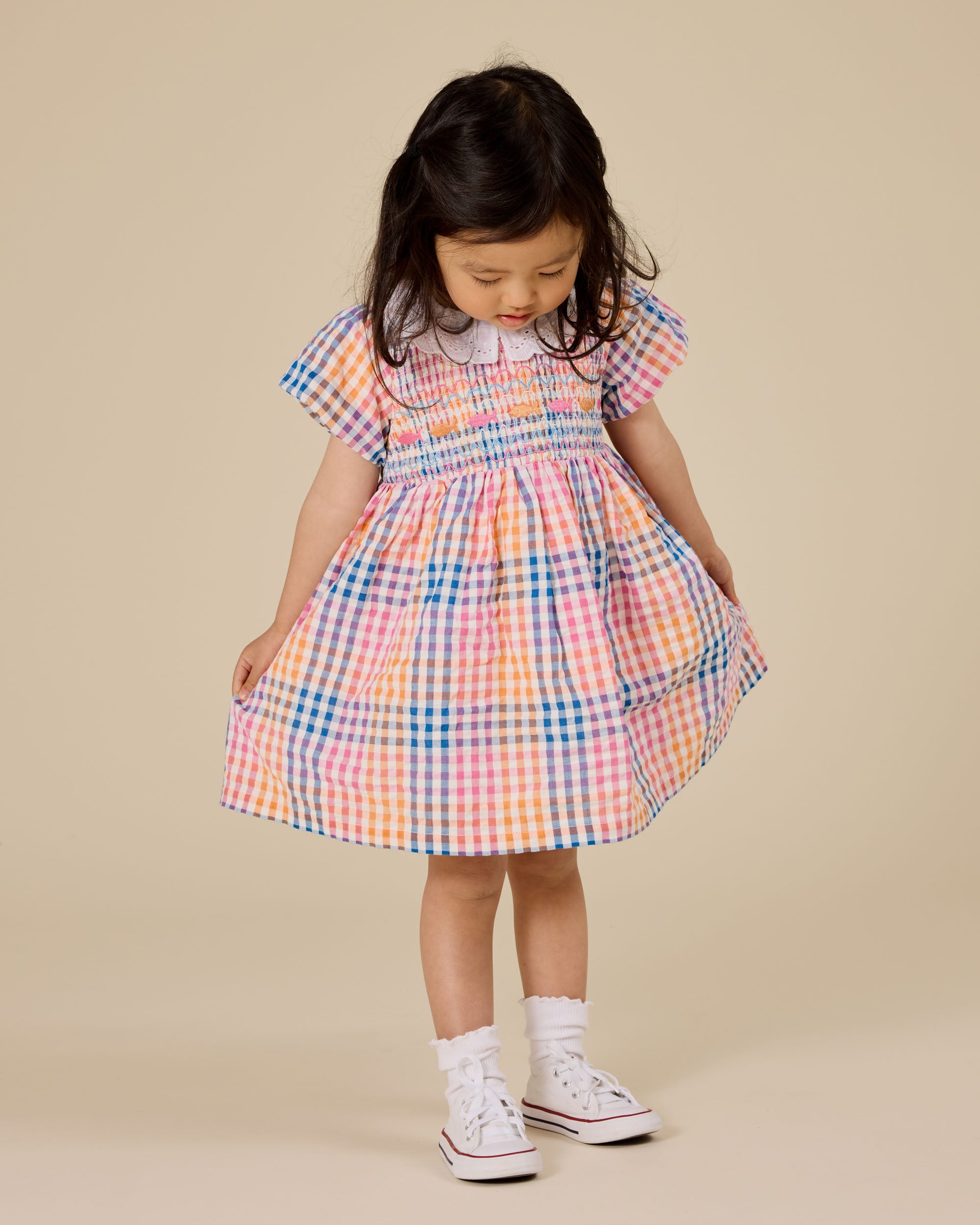 goldie + ace rainbow gingham flo smocked dress