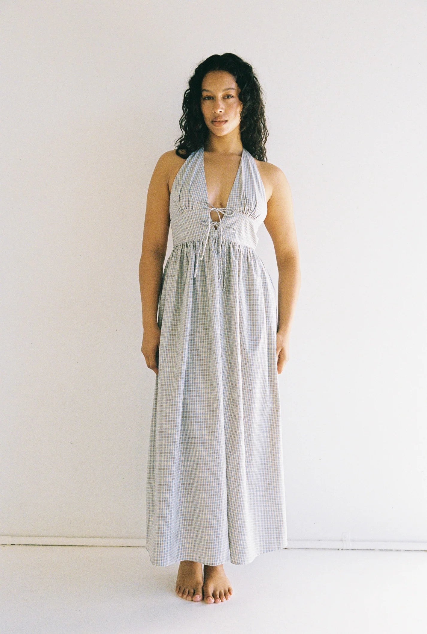 juni lily midi dress - blue check