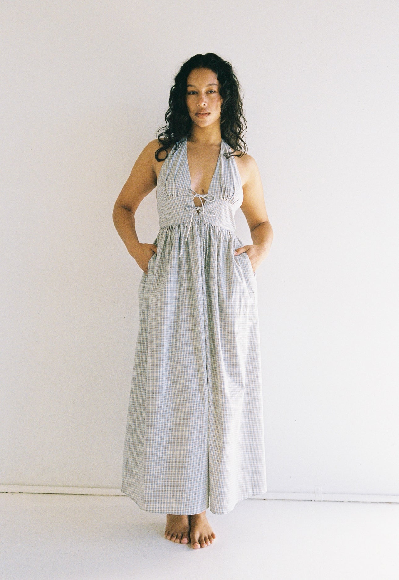 juni lily midi dress - blue check