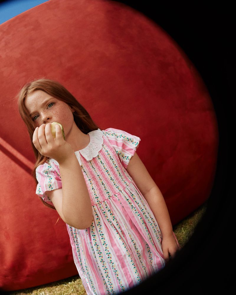 goldie + ace antique stripe strawberry flo smocked dress - pink / antique white