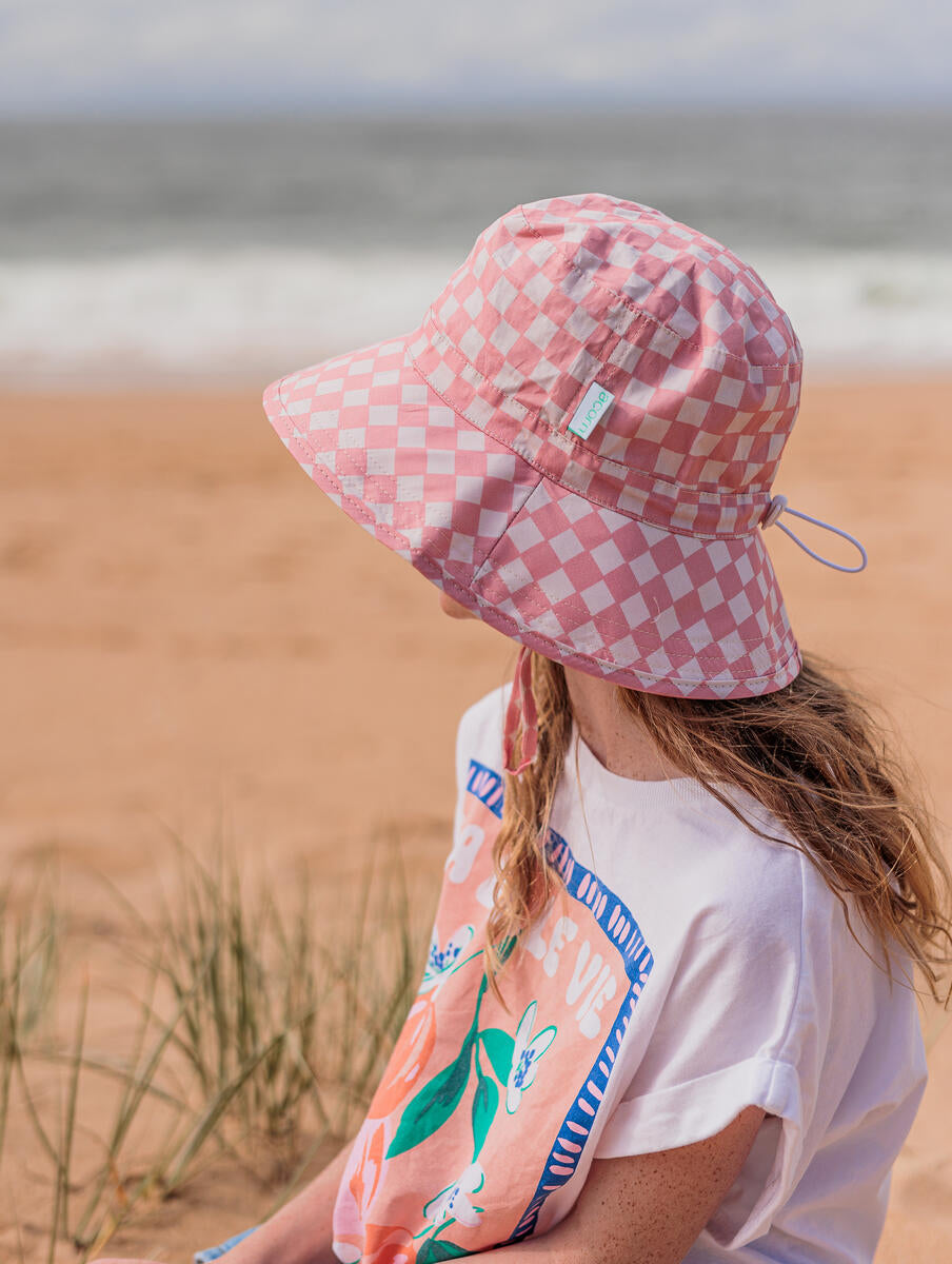 acorn kids pink checks broad brim bucket hat