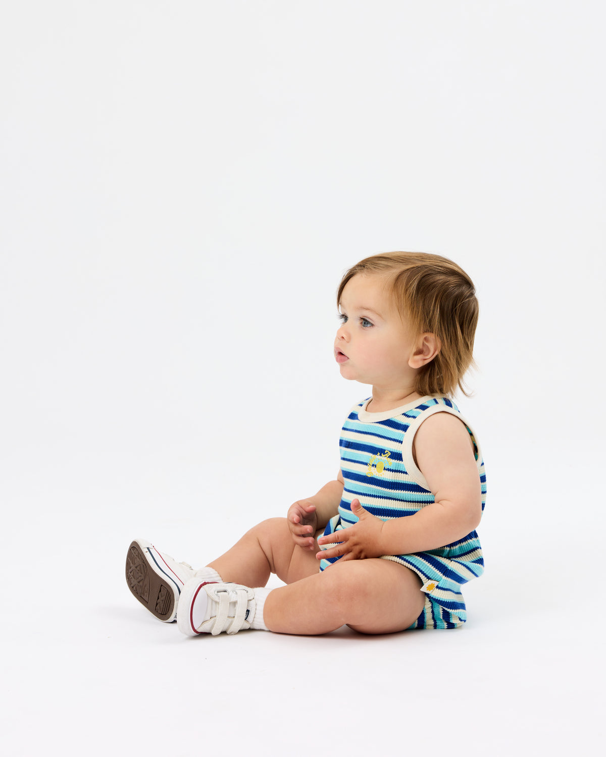 goldie + ace waffle bubble romper - blue stripe