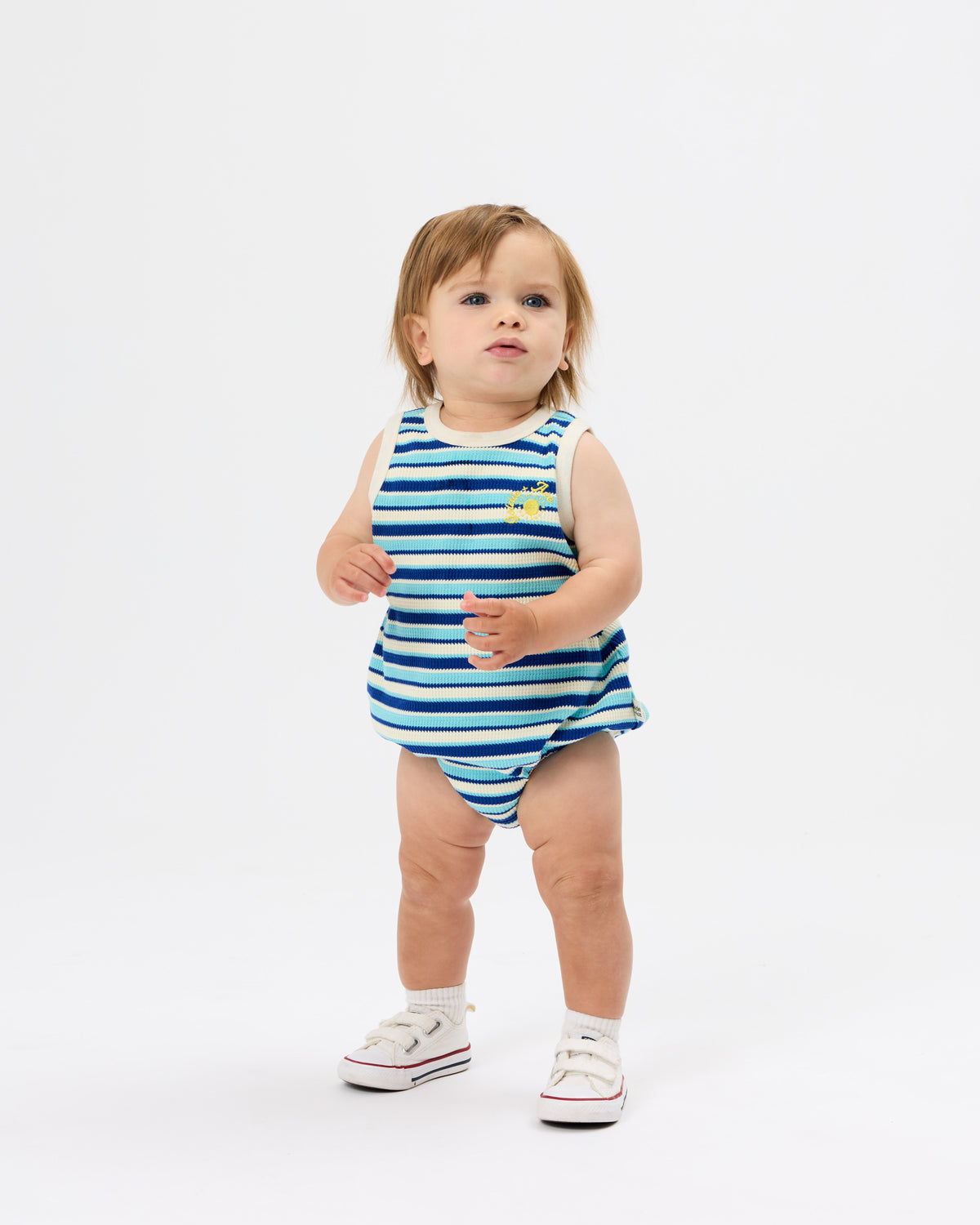 goldie + ace waffle bubble romper - blue stripe