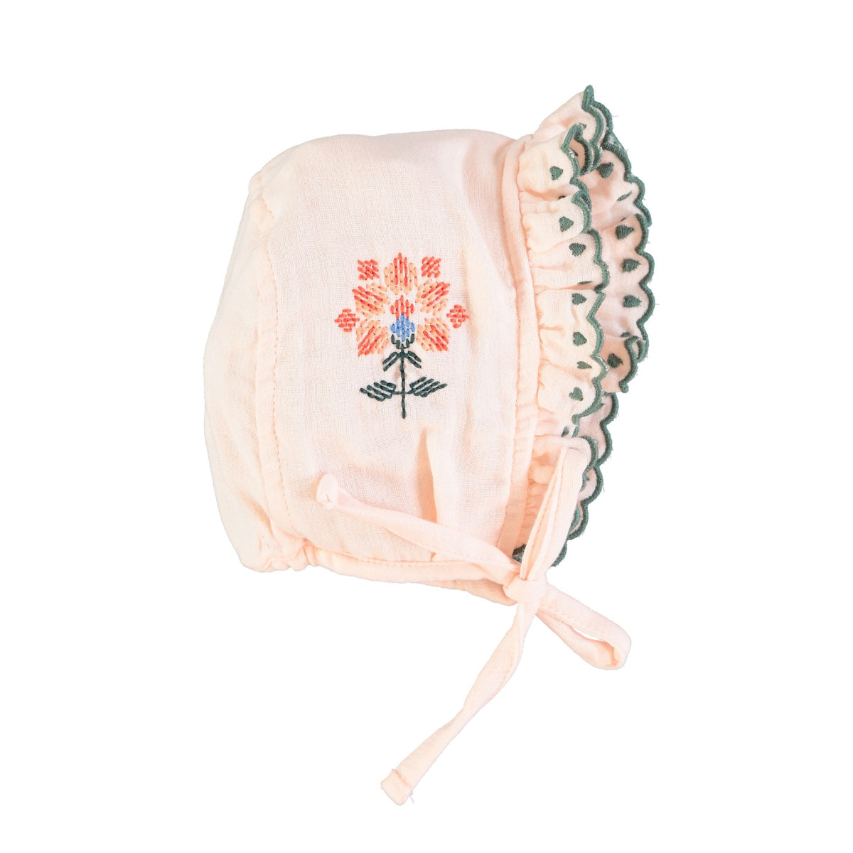 piupiuchick baby bonnet - pink with emboidered flowers