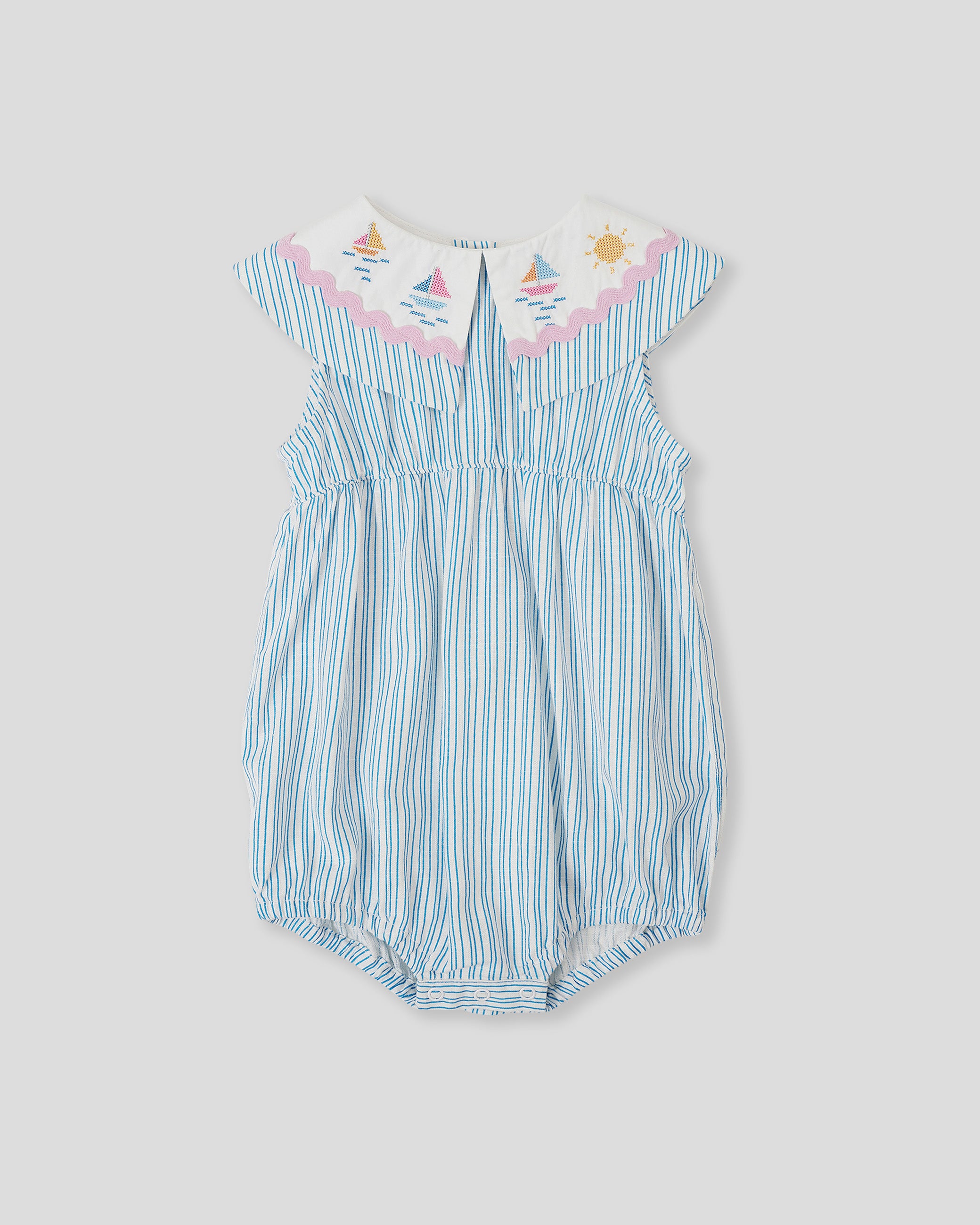 goldie + ace sailor stripe ava collared romper - ocean / ivory