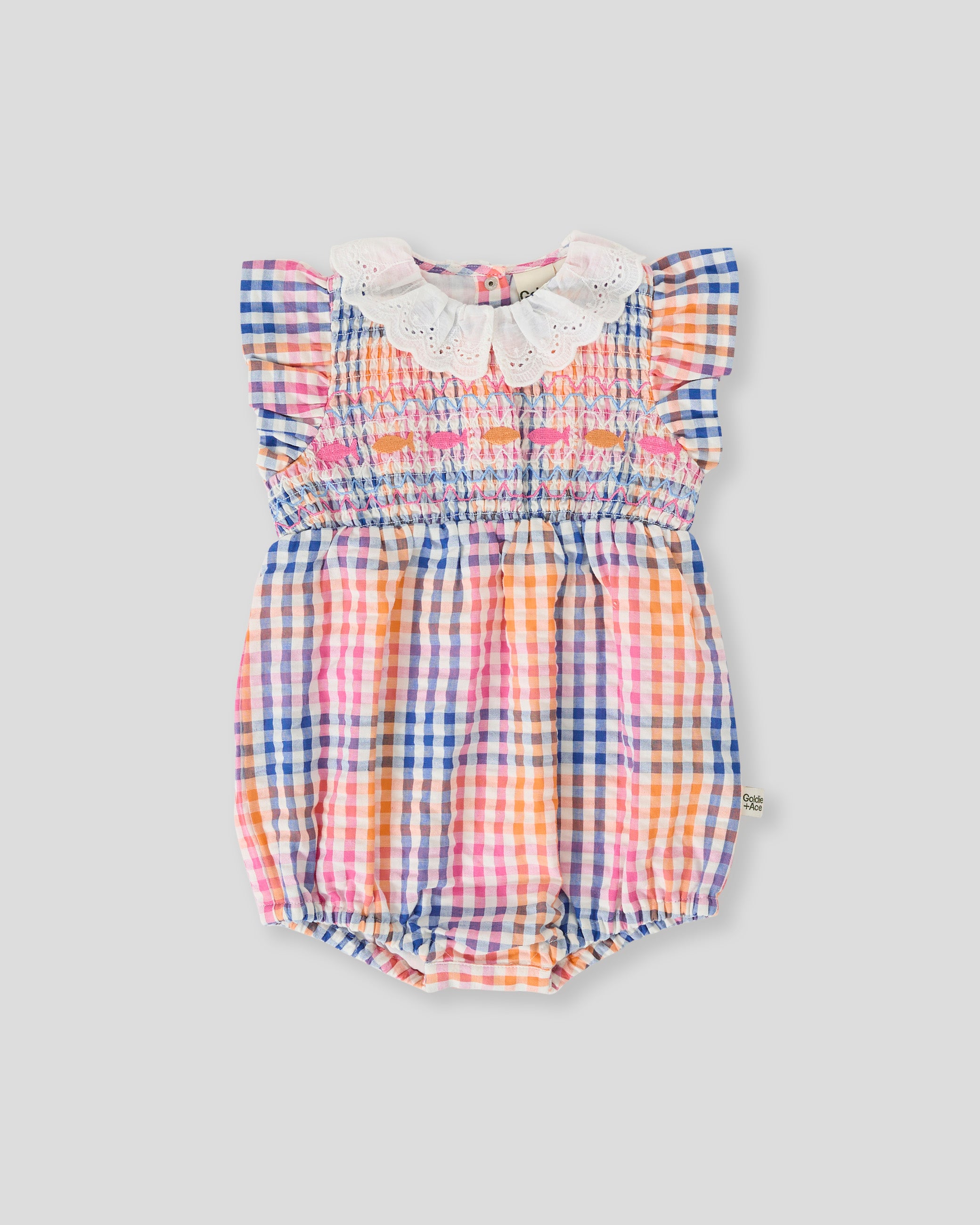 goldie + ace rainbow gingham lani smocked romper