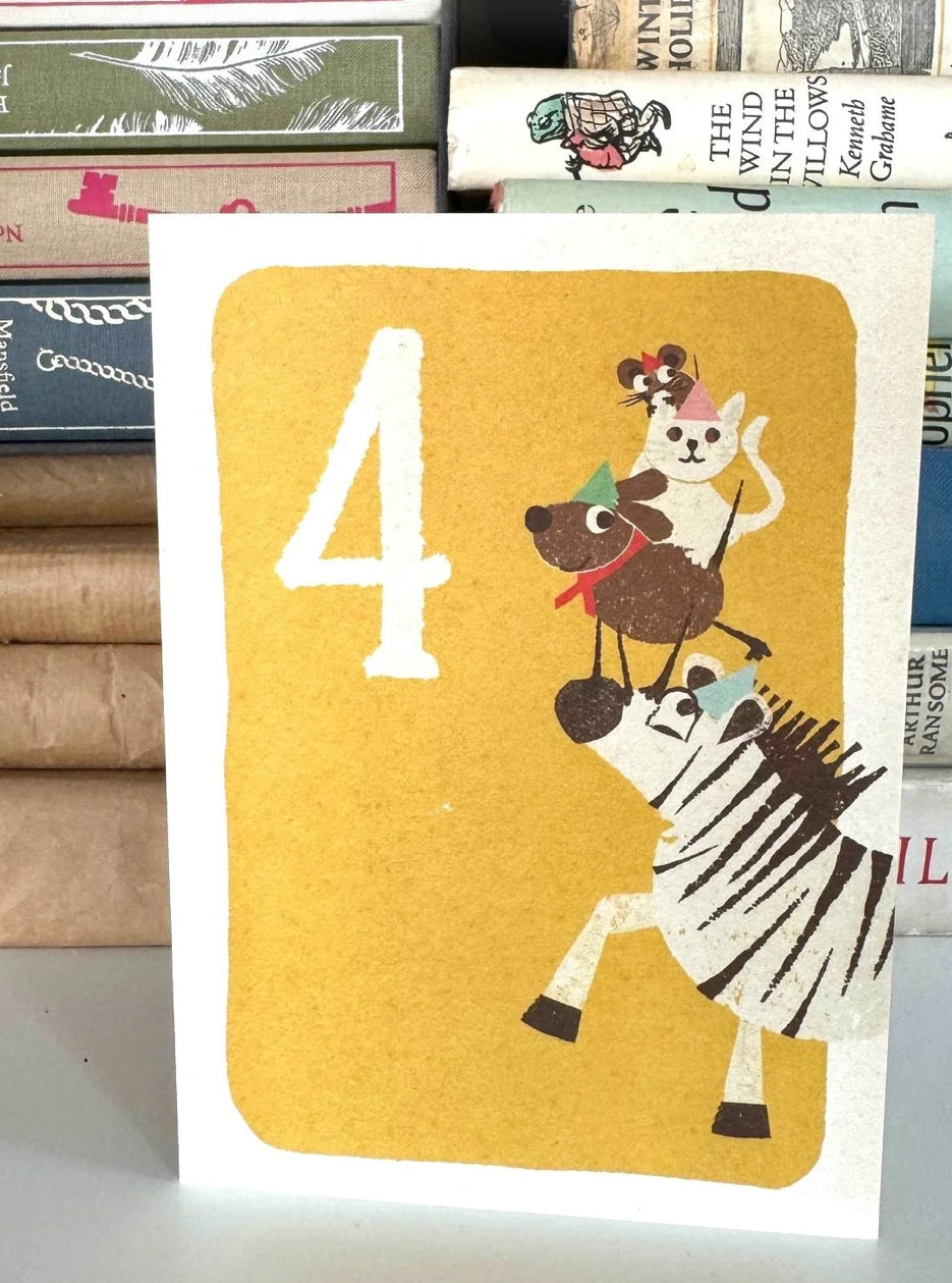 florence fry number 4 birthday card - party animals