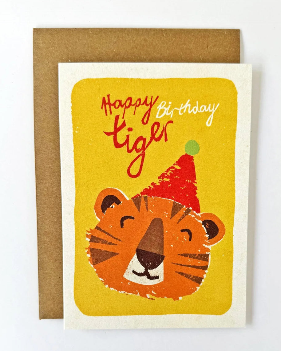 florence fry happy birthday card - tiger (yellow)