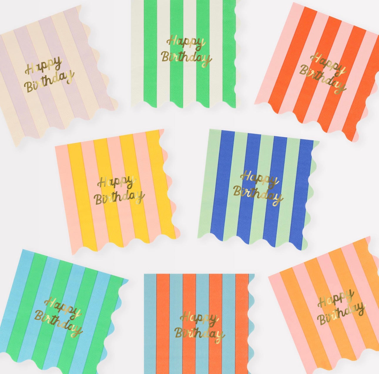 meri meri stripe happy birthday napkins (pack of 16 in 8 colours)