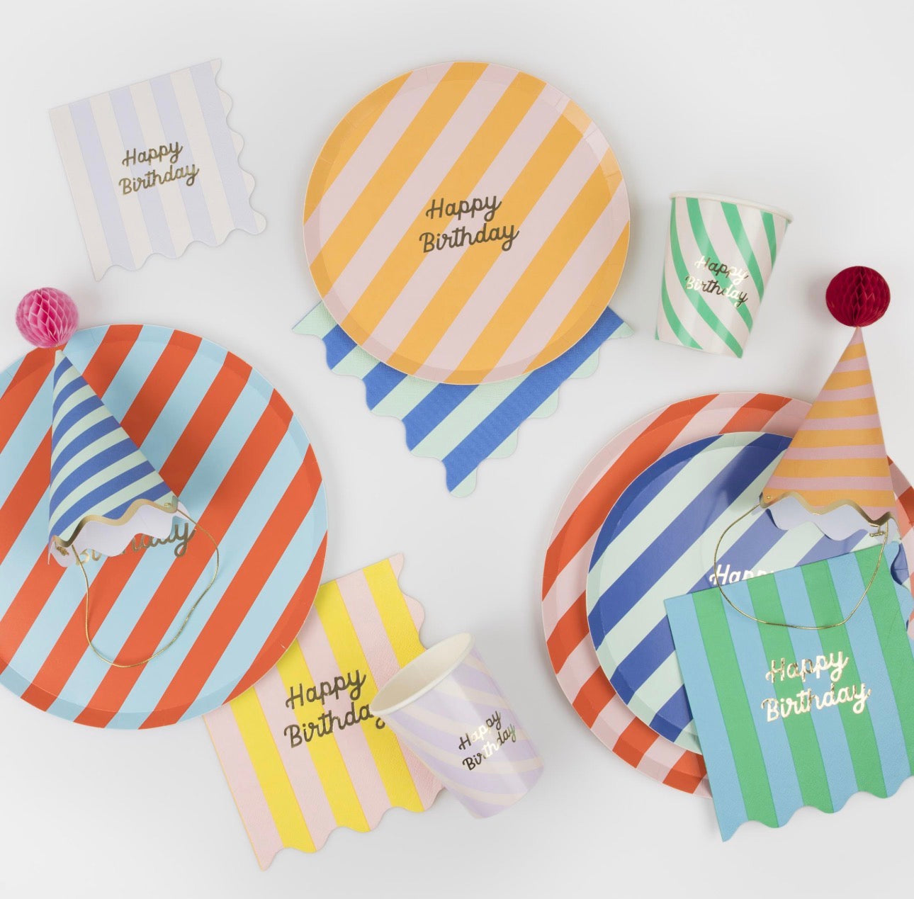 meri meri stripe happy birthday napkins (pack of 16 in 8 colours)