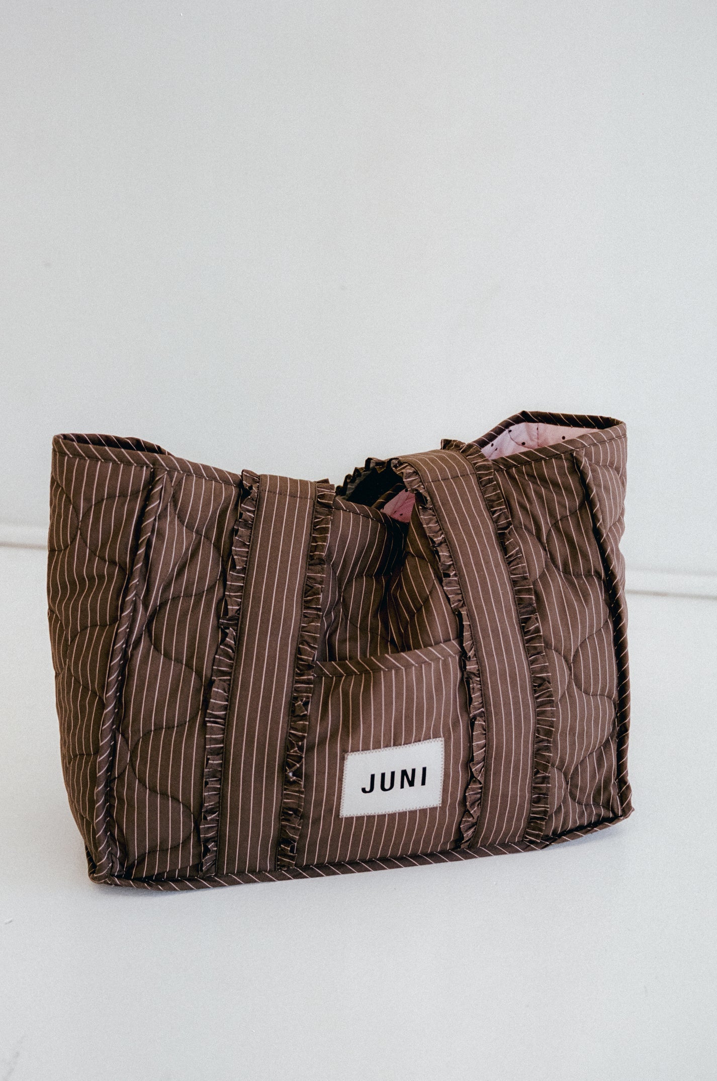 juni the everything bag - cocoa pinstripe