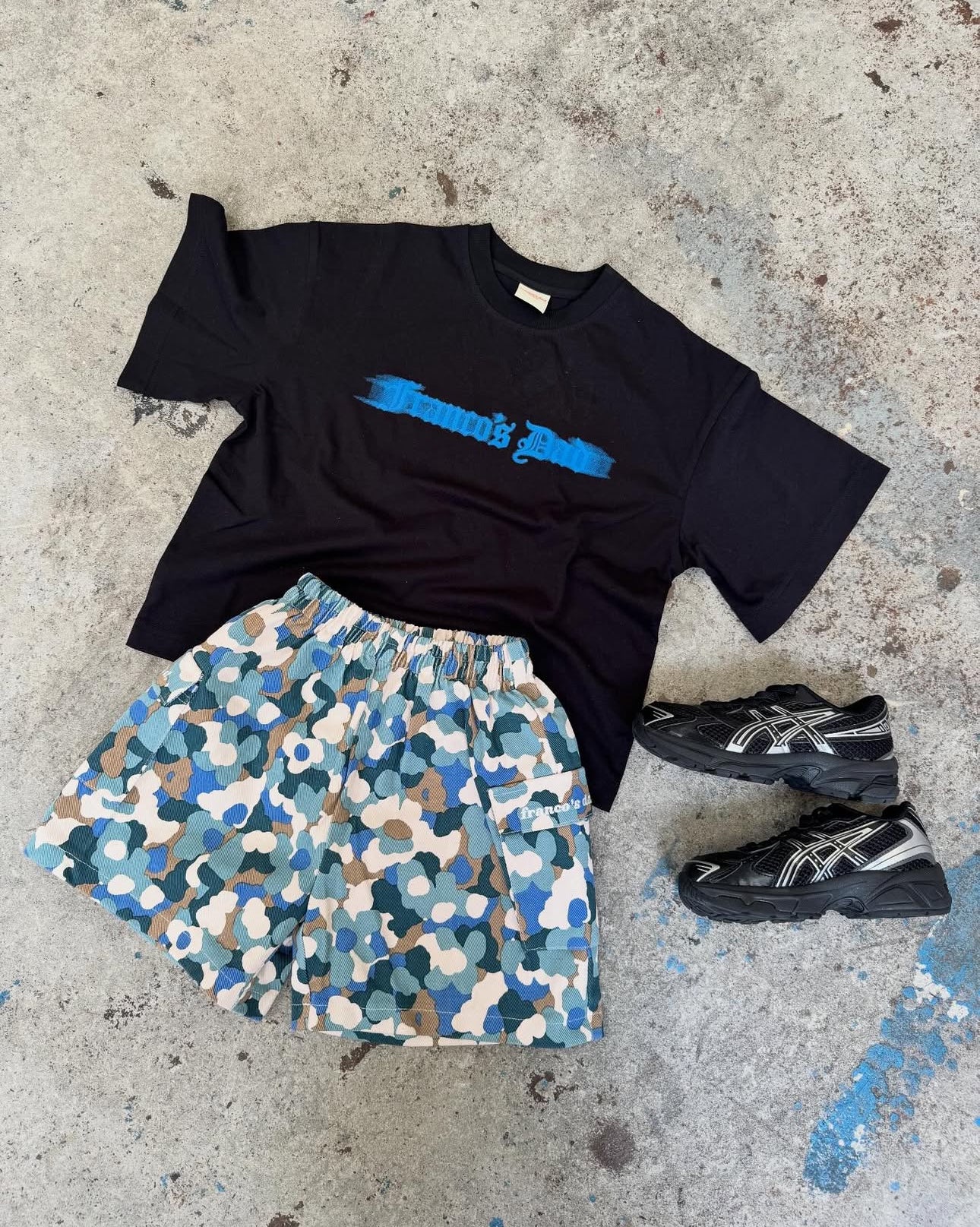 franco's dad  blue camo cargo shorts