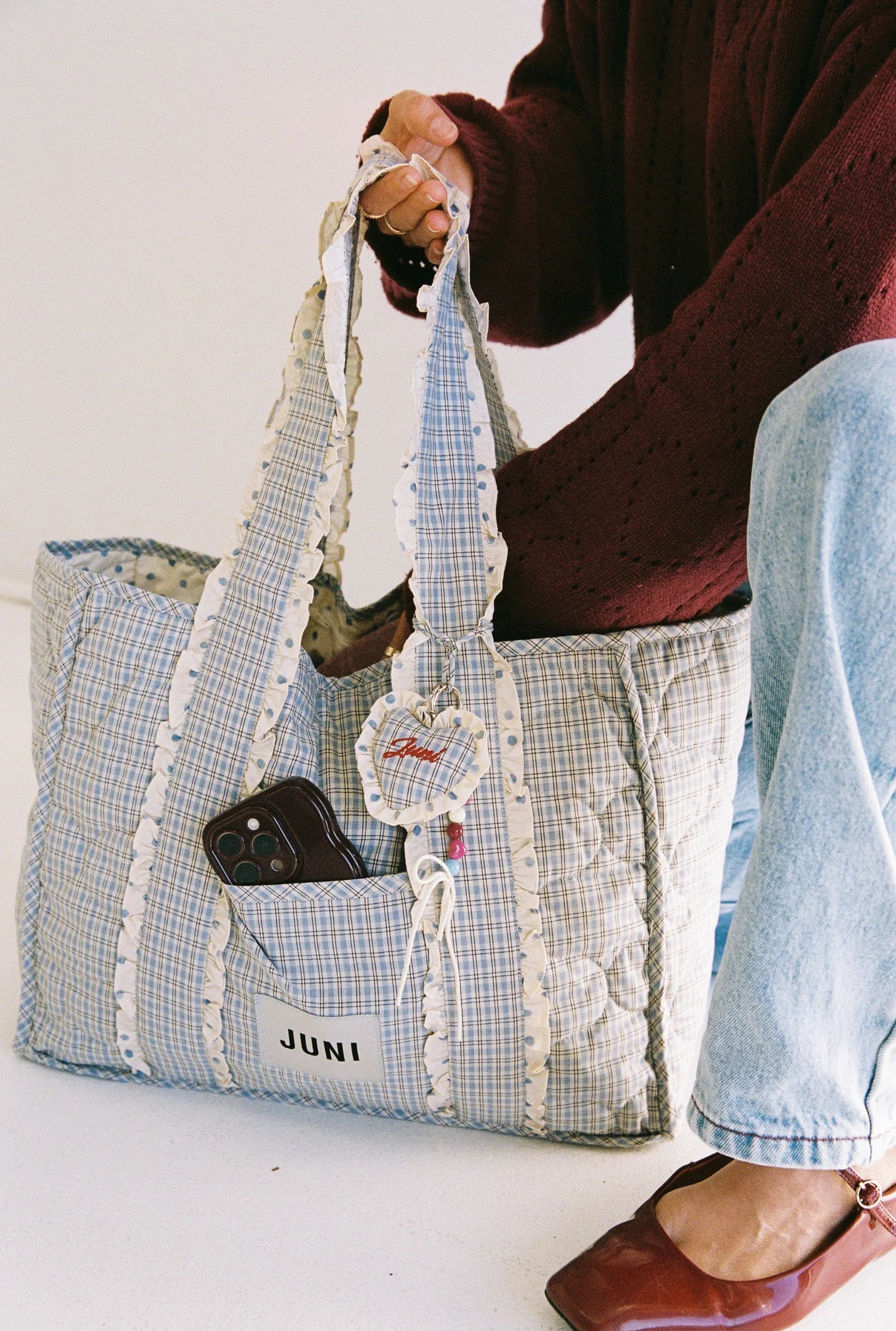 juni heart bag charm  - blue check - pre order