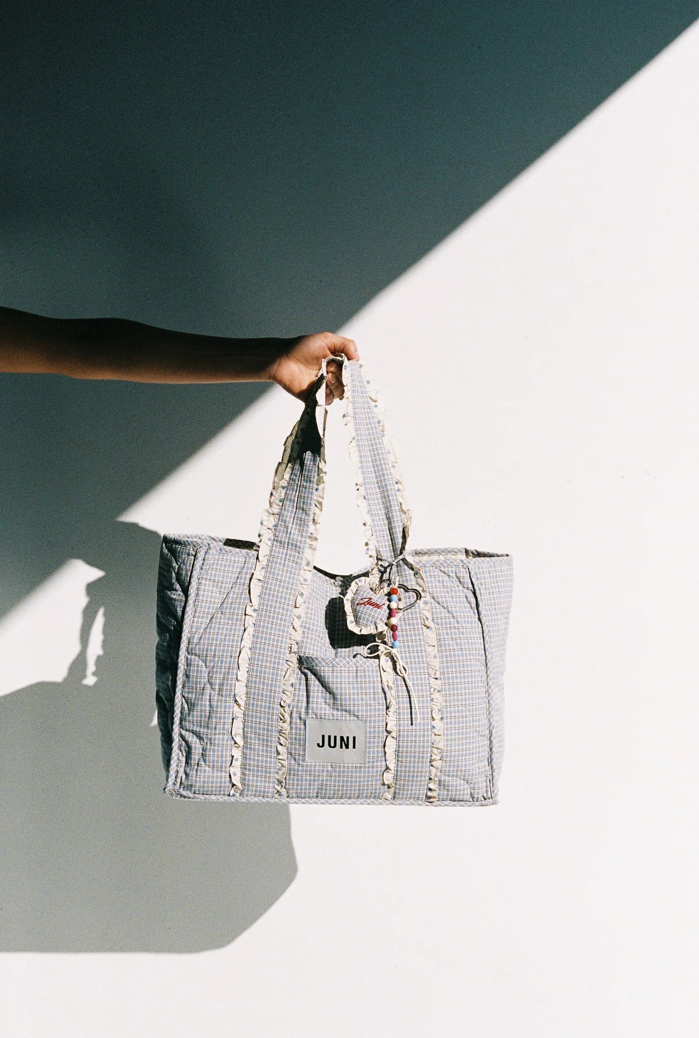 juni heart bag charm  - blue check - pre order