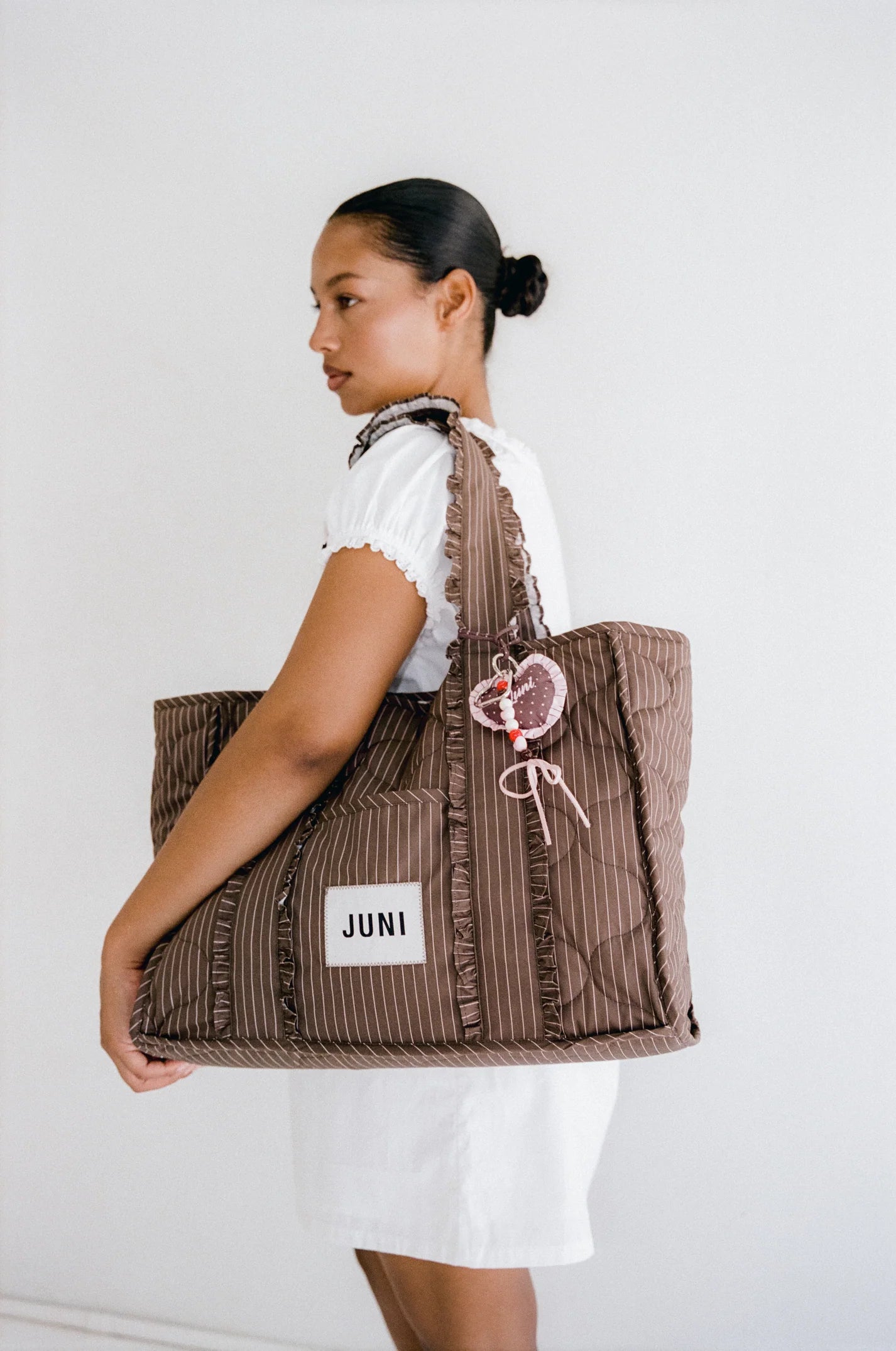 juni heart bag charm  - cocoa stripe - pre order