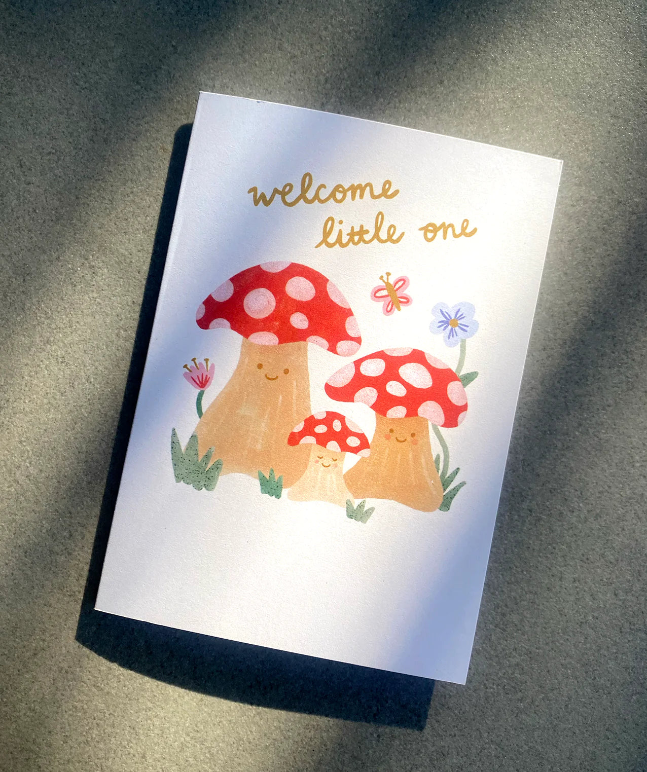 lauren sissons new baby card - 'welcome little one' mushrooms