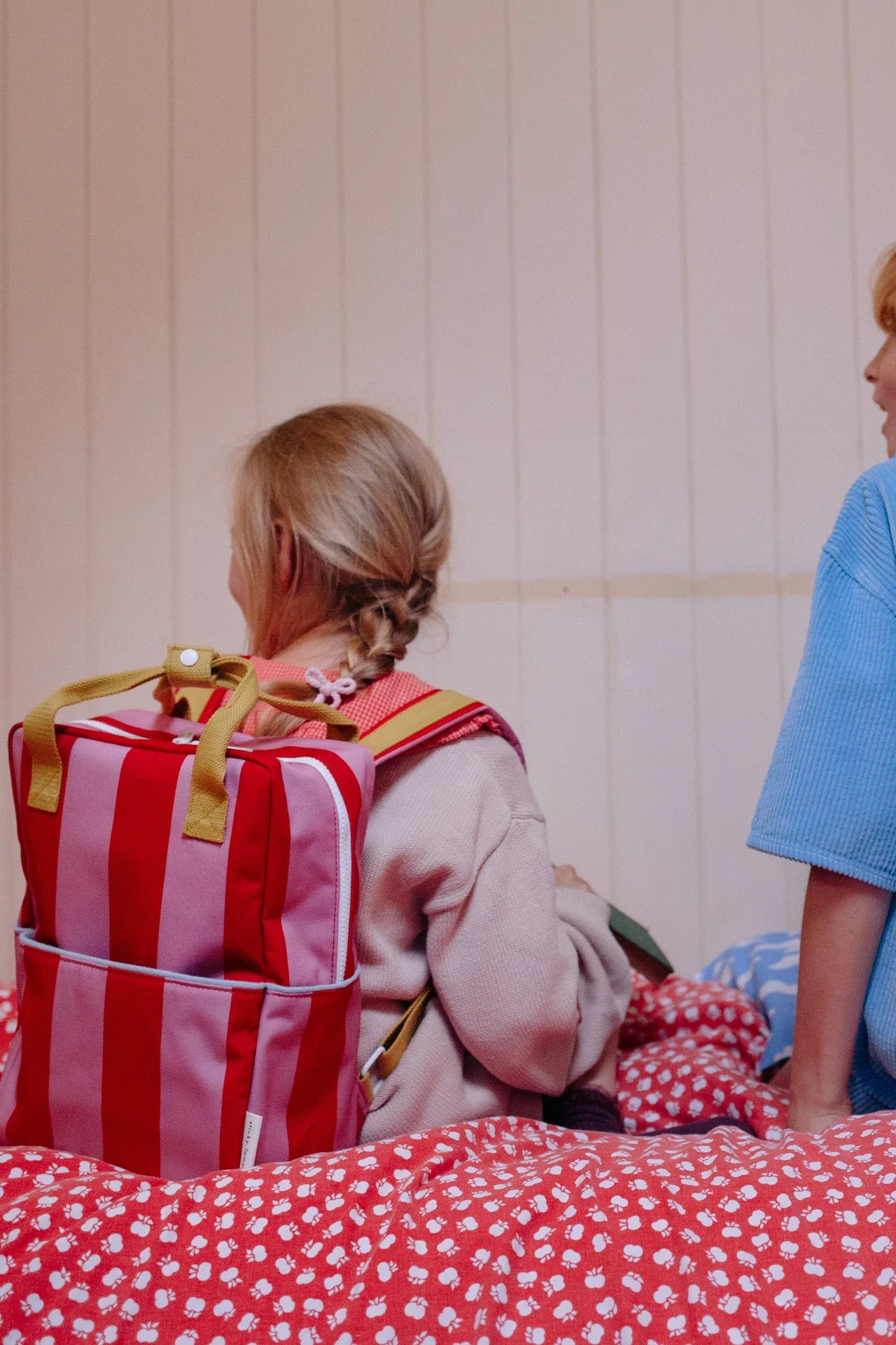 sticky lemon medium backpack - striped red apple + rosebay pink