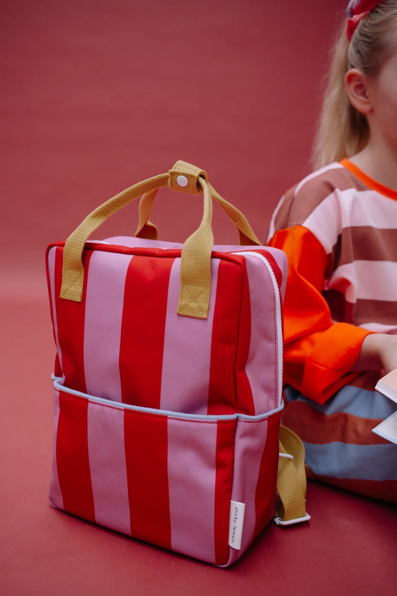 sticky lemon medium backpack - striped red apple + rosebay pink
