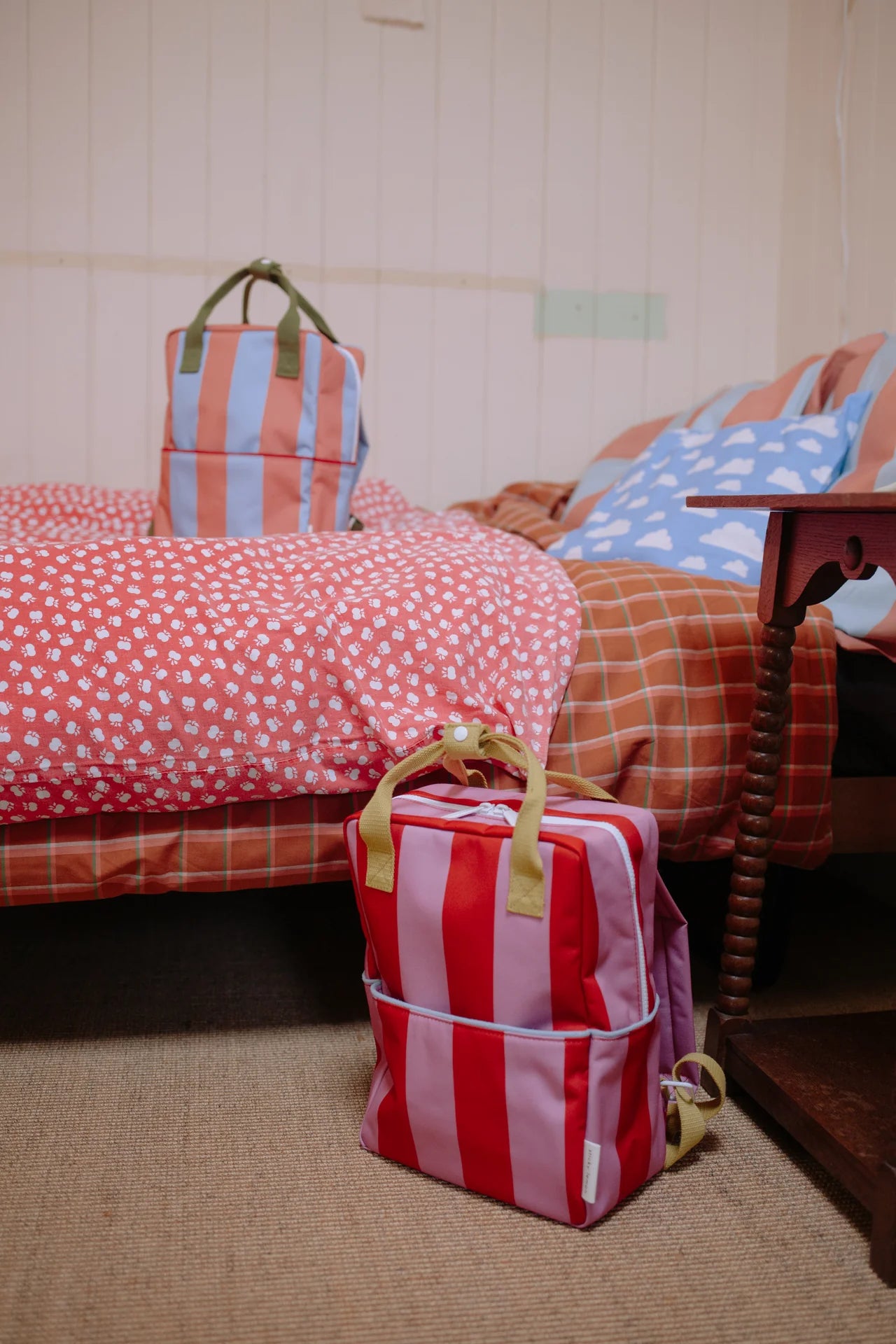 sticky lemon medium backpack - striped red apple + rosebay pink