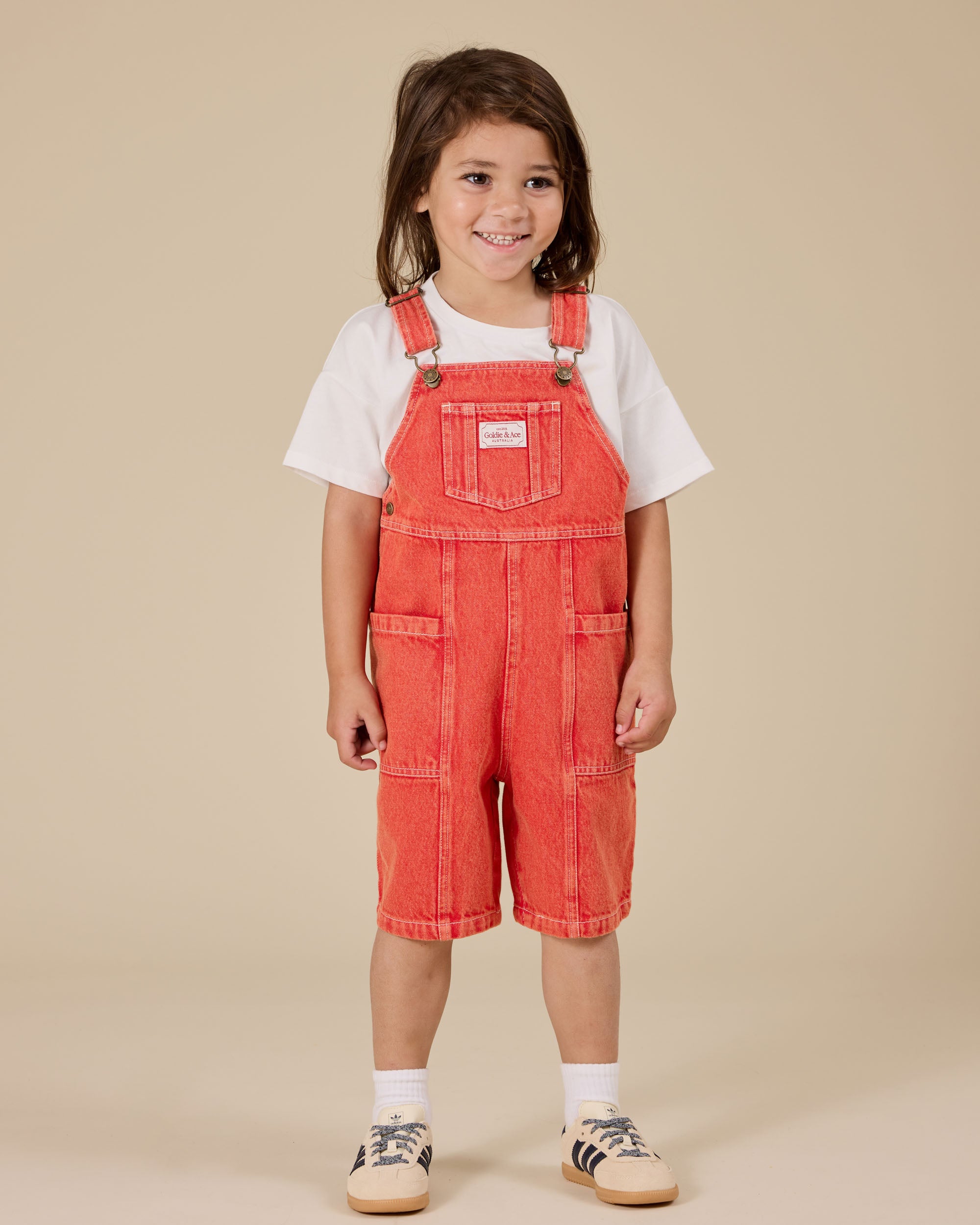 goldie + ace james vintage washed denim pocket overalls - apple red