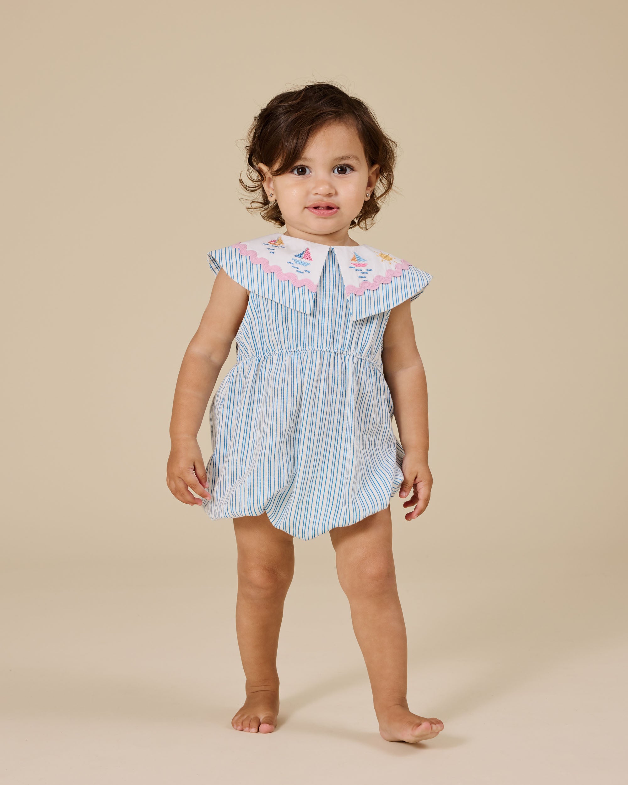 goldie + ace sailor stripe ava collared romper - ocean / ivory