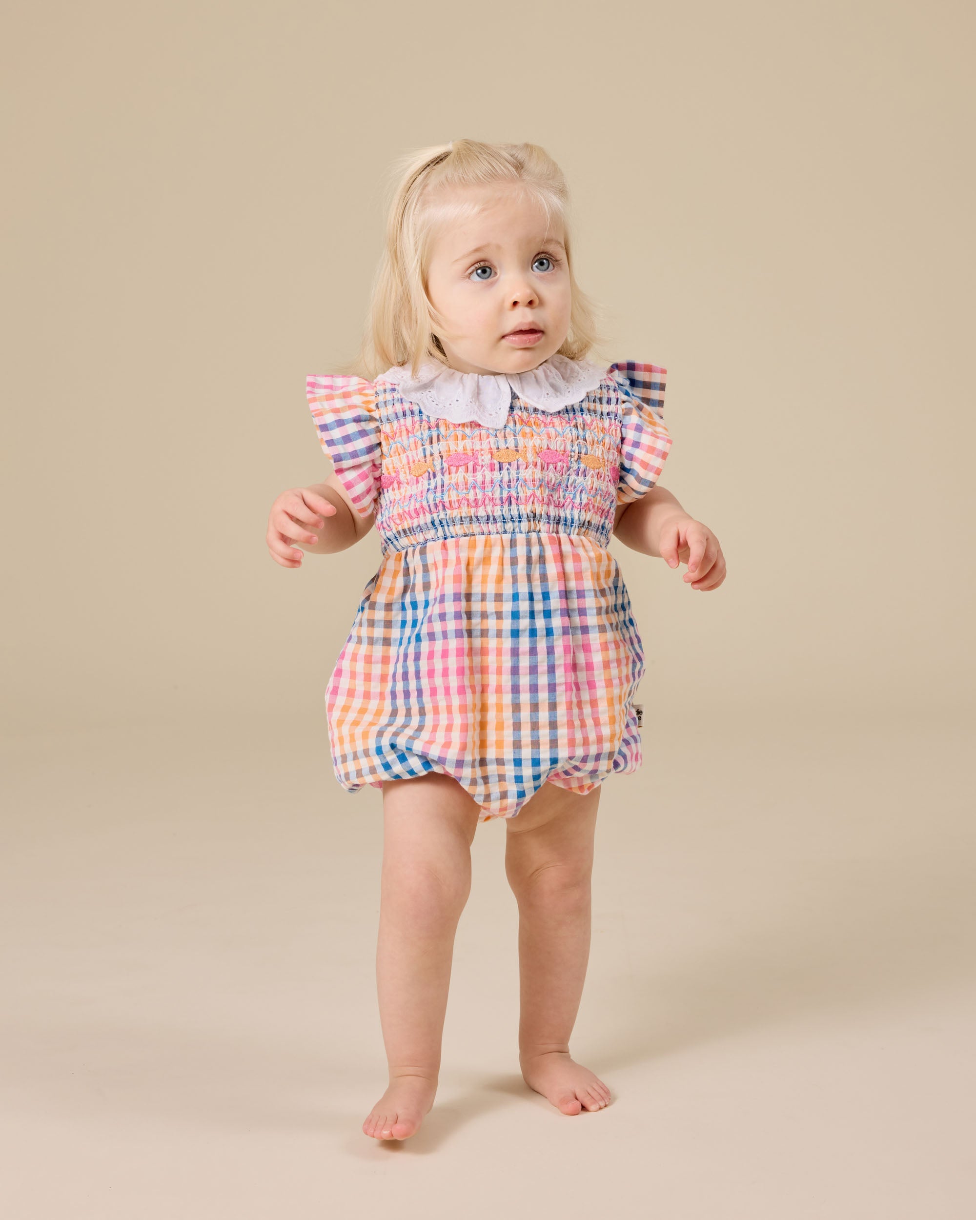 goldie + ace rainbow gingham lani smocked romper