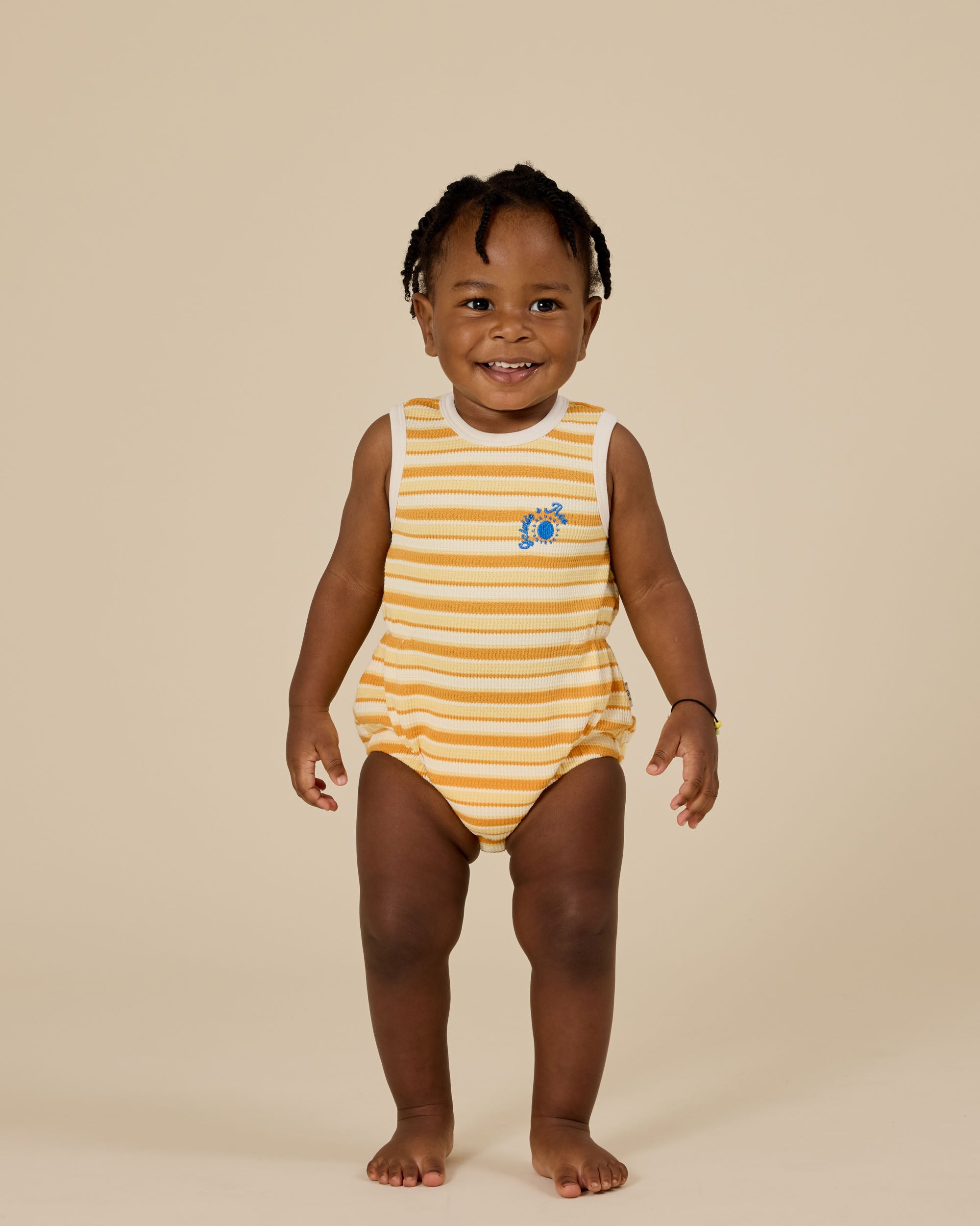 goldie + ace sunshine stripe bubble romper - lemon / golden