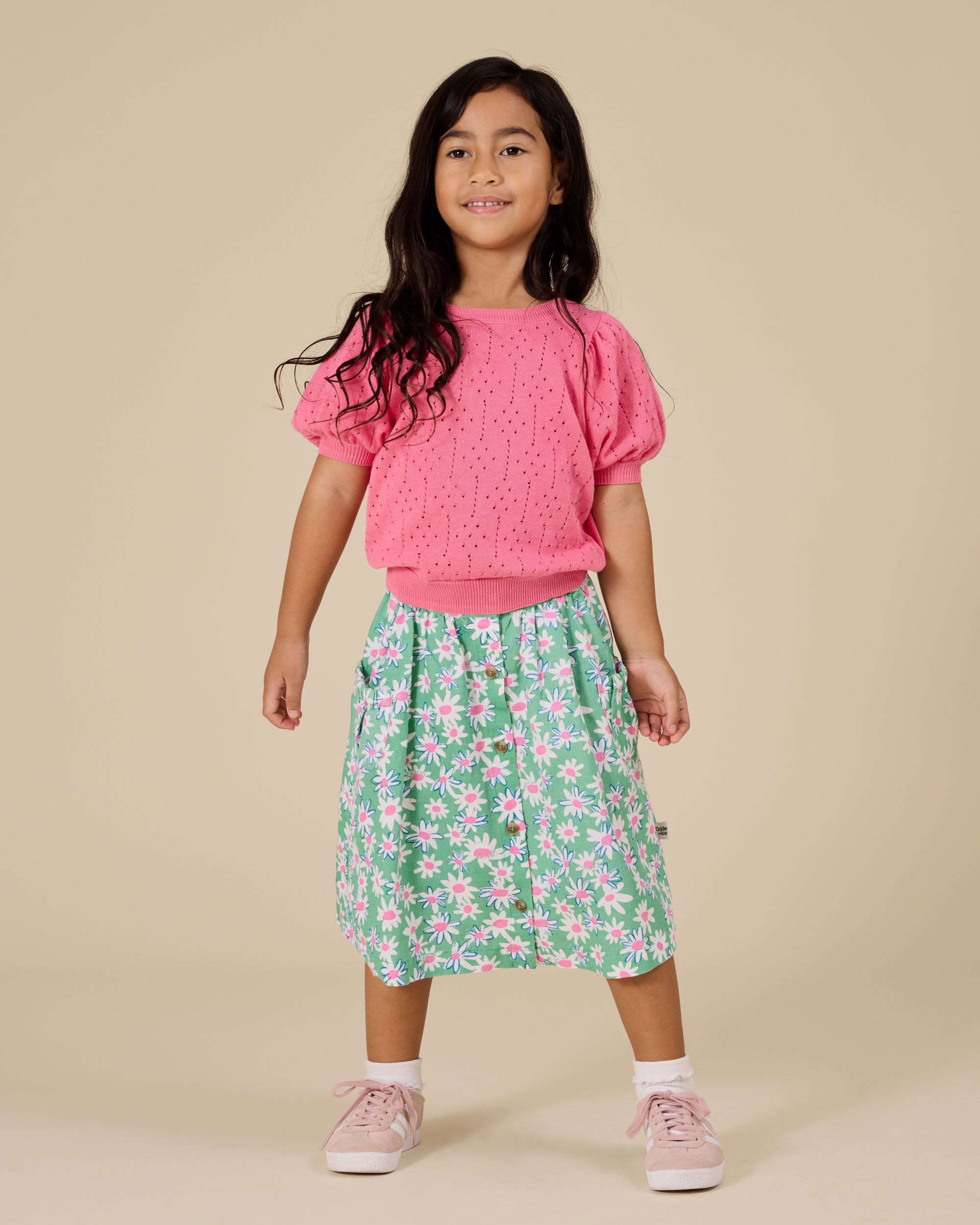 goldie + ace pointelle puff knit top - pink lemonade