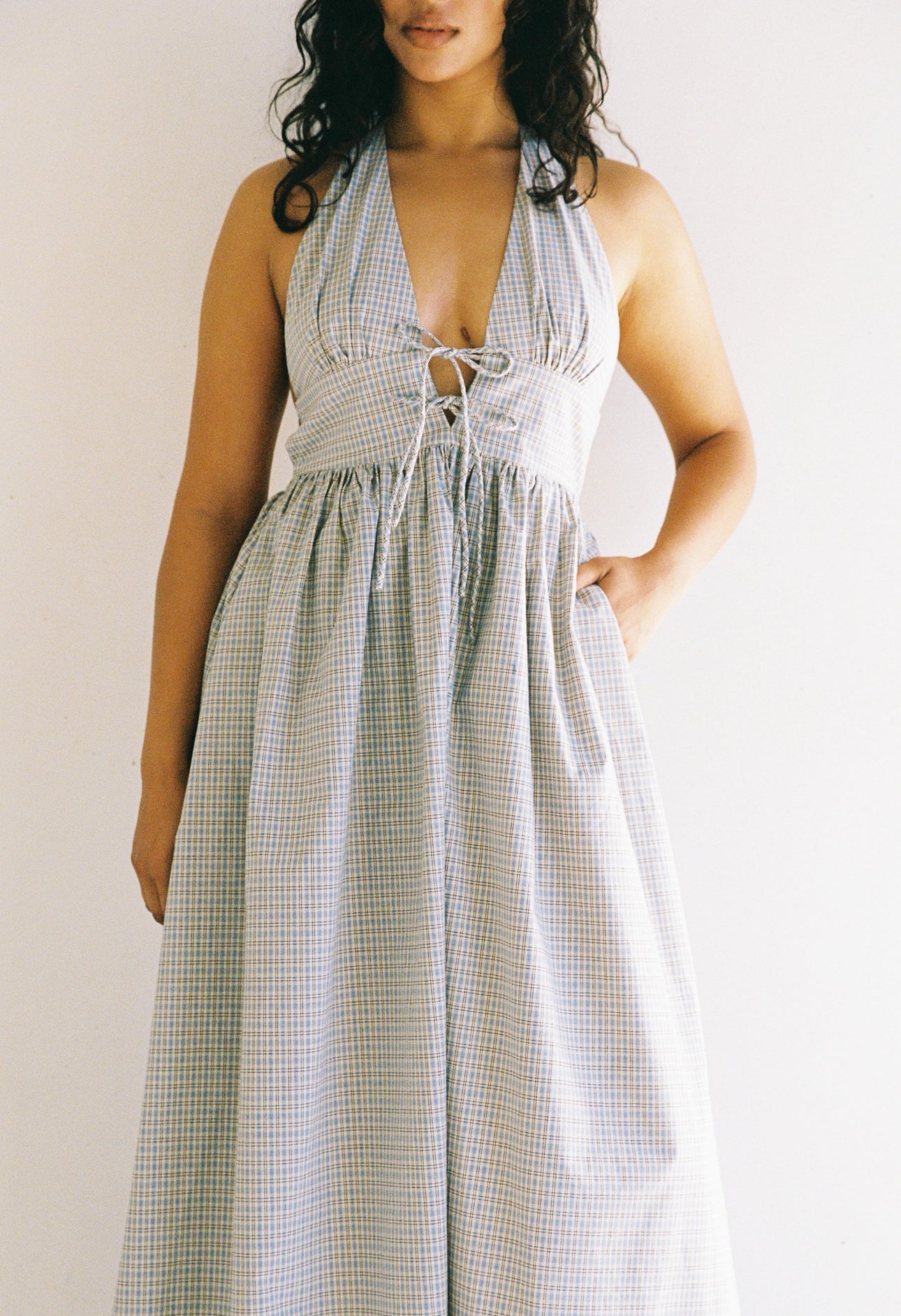 juni lily midi dress - blue check