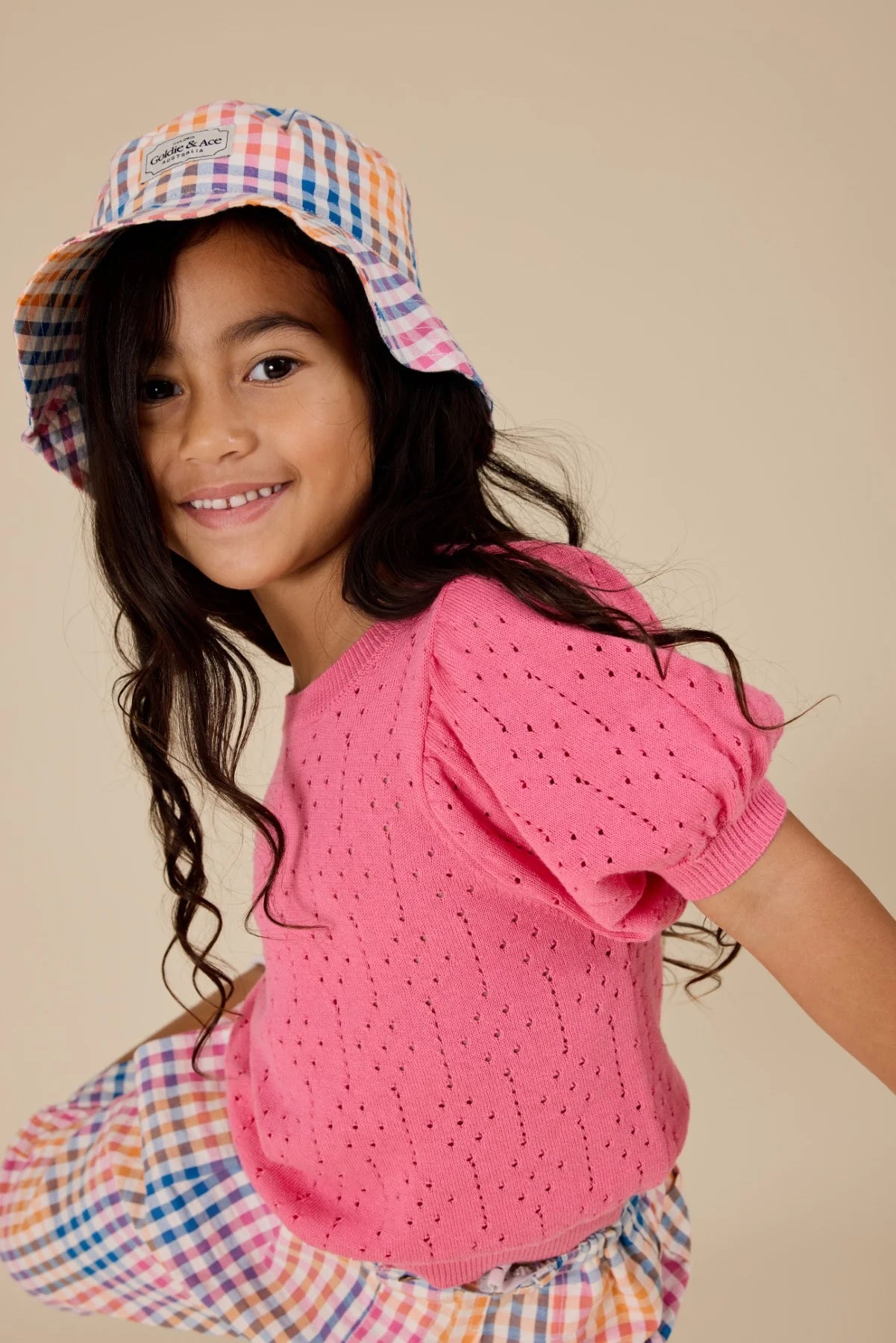 goldie + ace pointelle puff knit top - pink lemonade