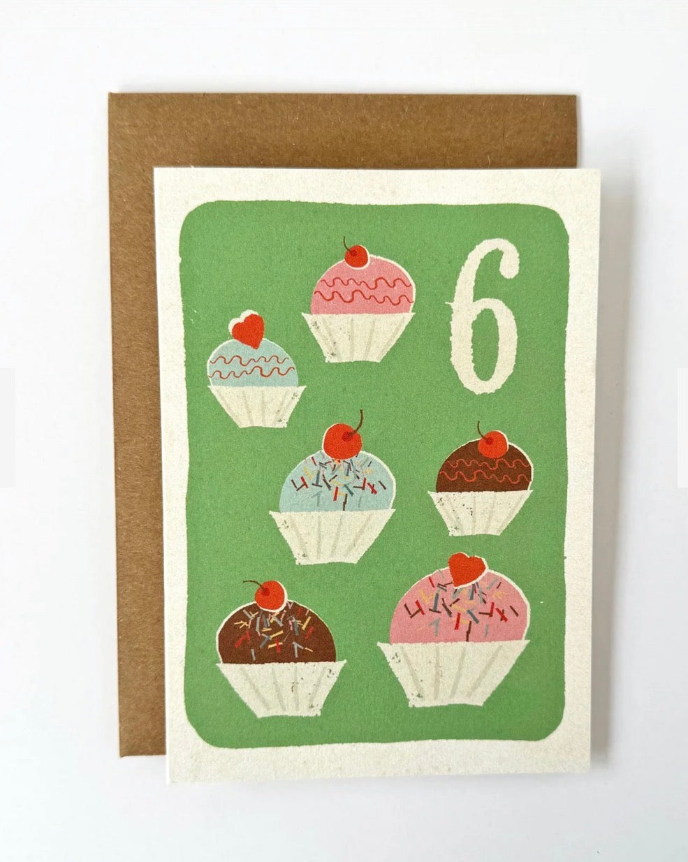 florence fry number 6 birthday card - cupcakes (green)