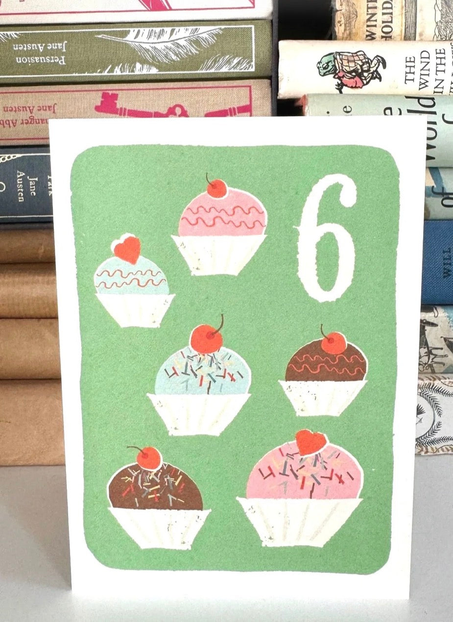 florence fry number 6 birthday card - cupcakes (green)