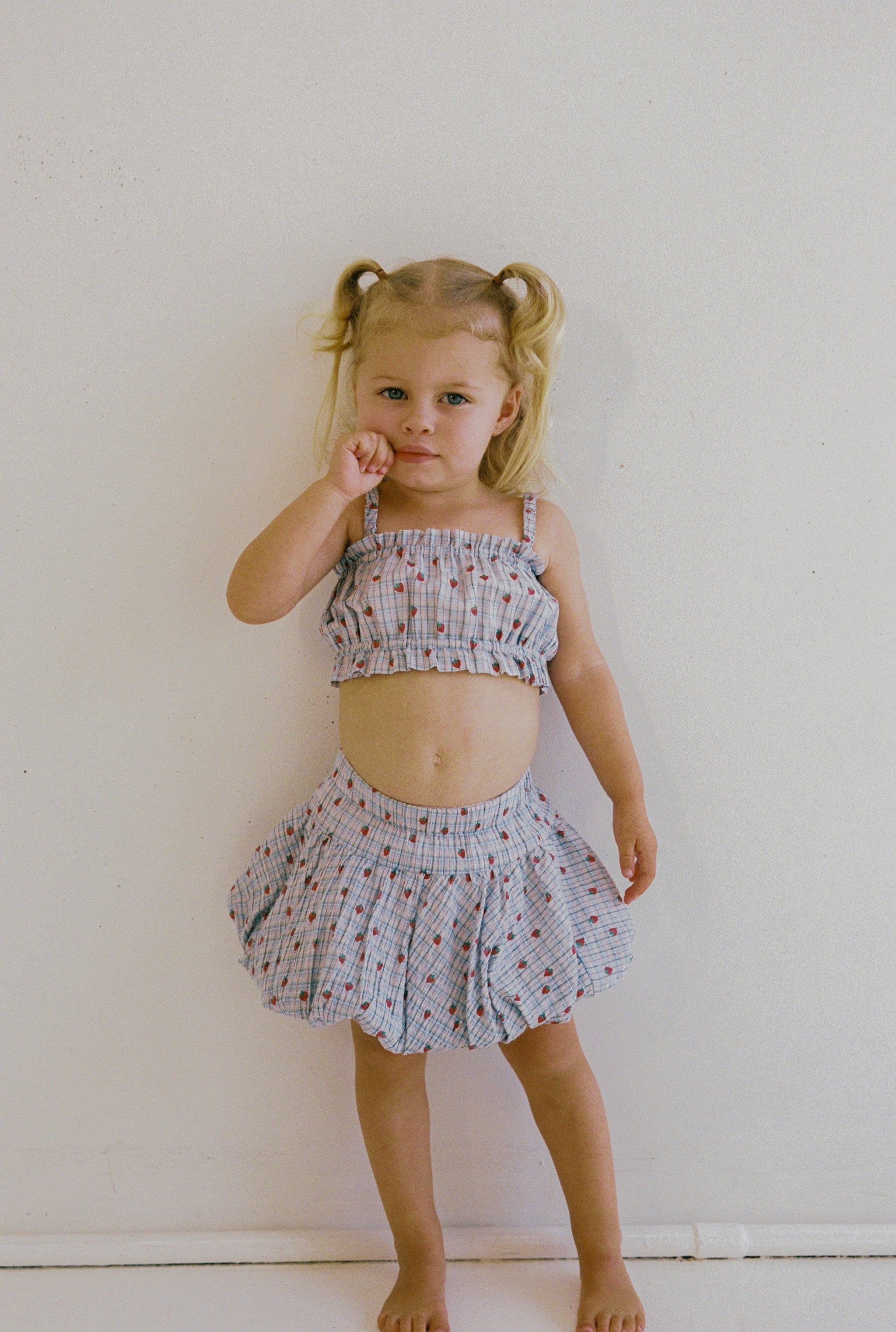 juni jnr poet ruffle crop - strawberry check