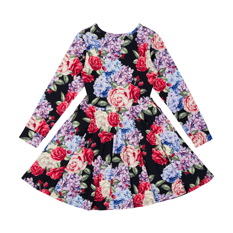rock your baby midnight florals ls waisted dress