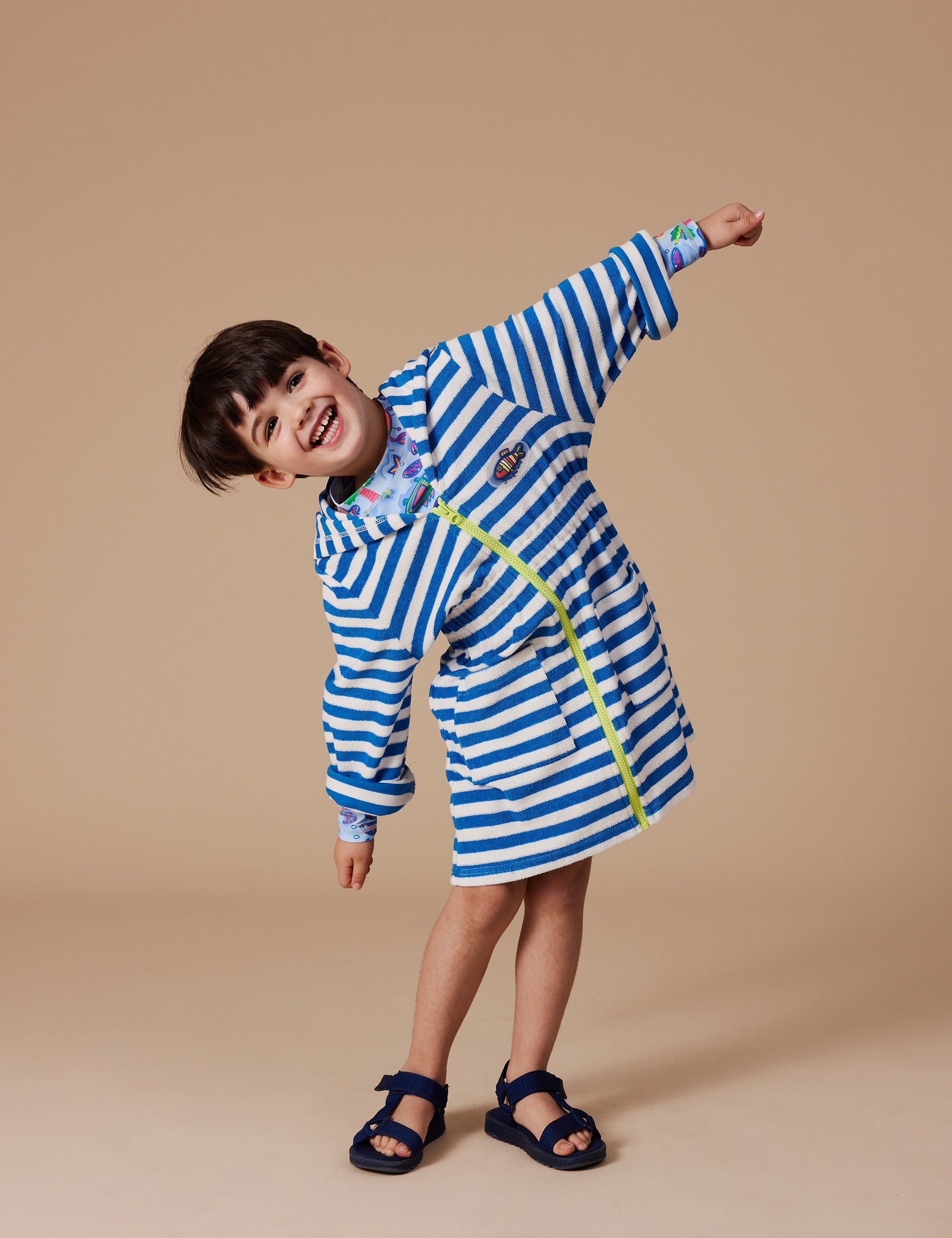 goldie + ace little fishy terry towelling cover up - azure stripe