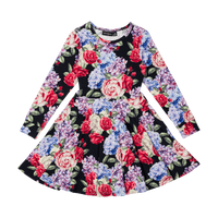 rock your baby midnight florals ls waisted dress