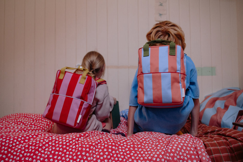 sticky lemon medium backpack - striped red apple + rosebay pink
