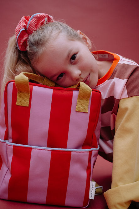 sticky lemon medium backpack - striped red apple + rosebay pink