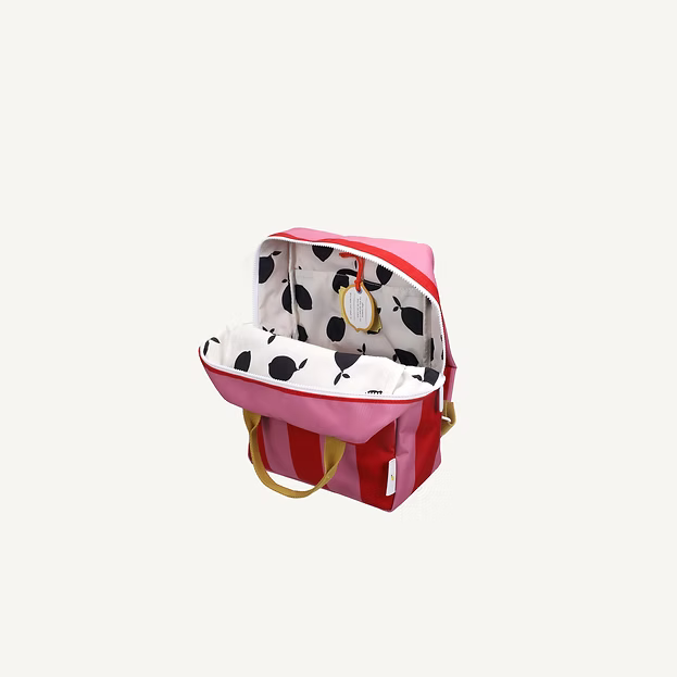 sticky lemon medium backpack - striped red apple + rosebay pink