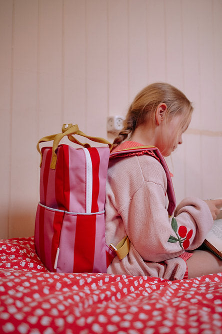 sticky lemon medium backpack - striped red apple + rosebay pink