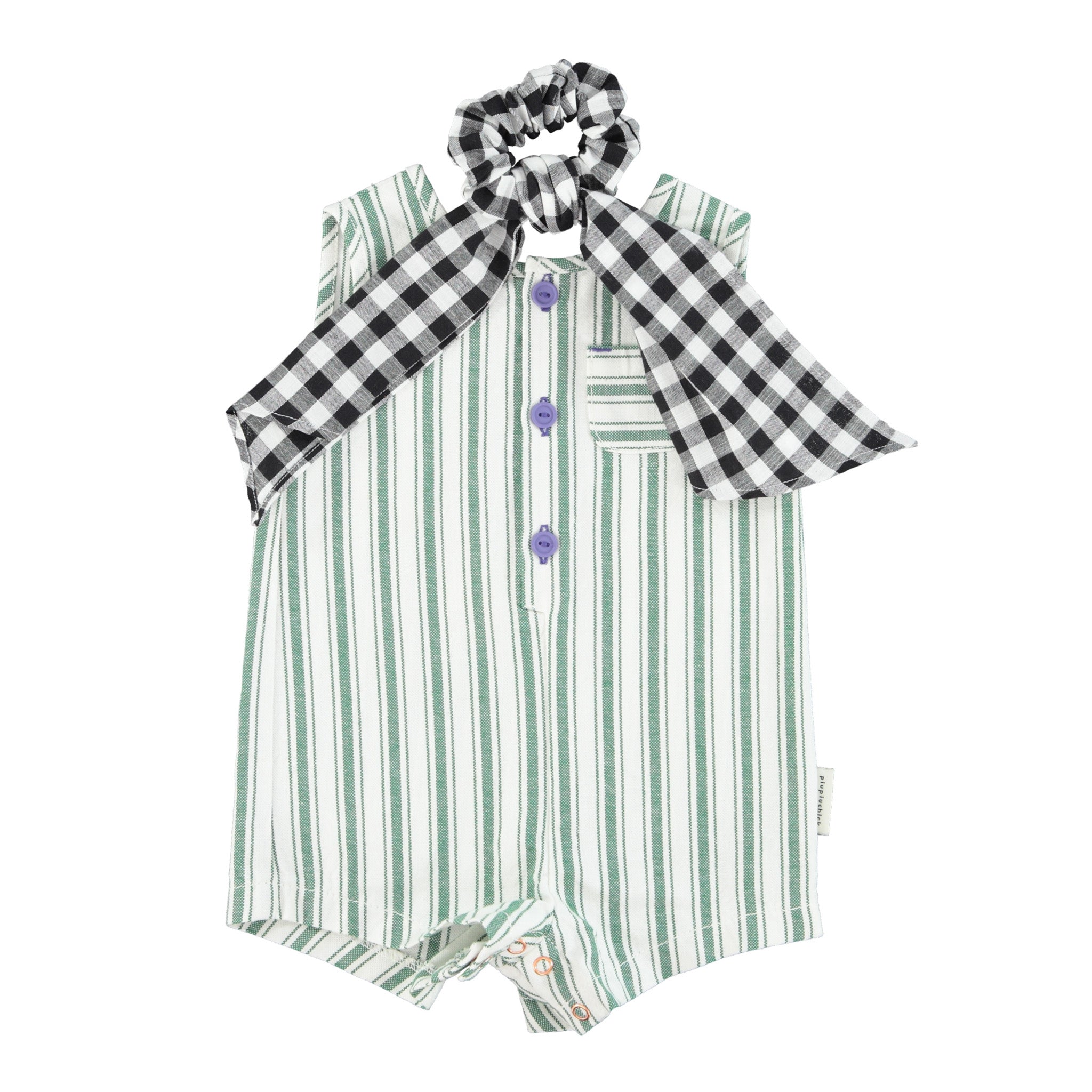 piupiuchick baby short jumpsuit - white with large green stripes