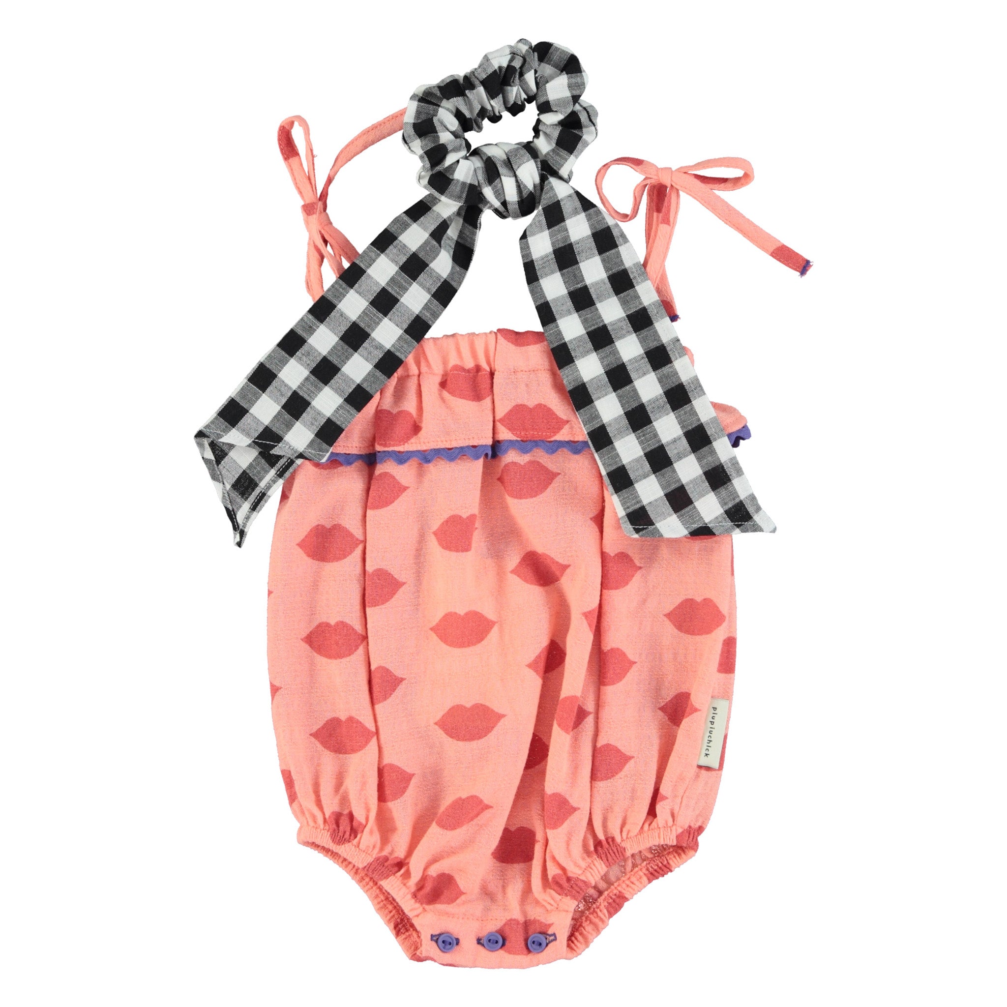 piupiuchick baby romper with ruffles - coral with red lips