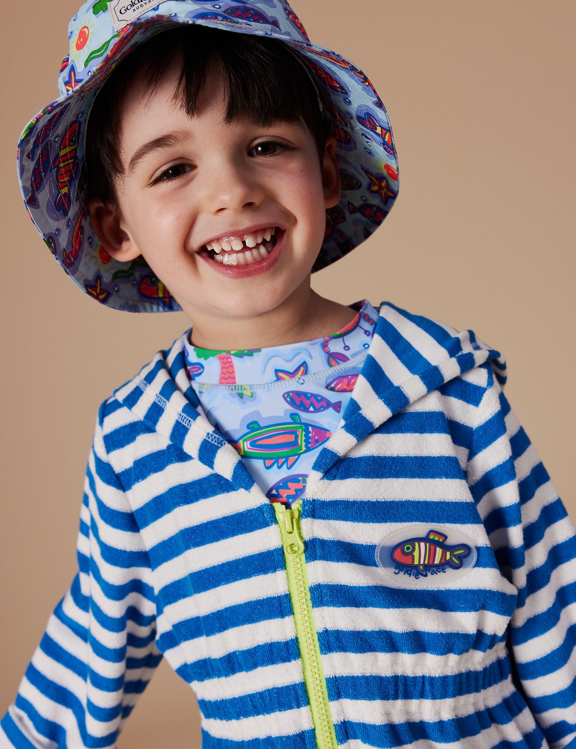 goldie + ace little fishy terry towelling cover up - azure stripe