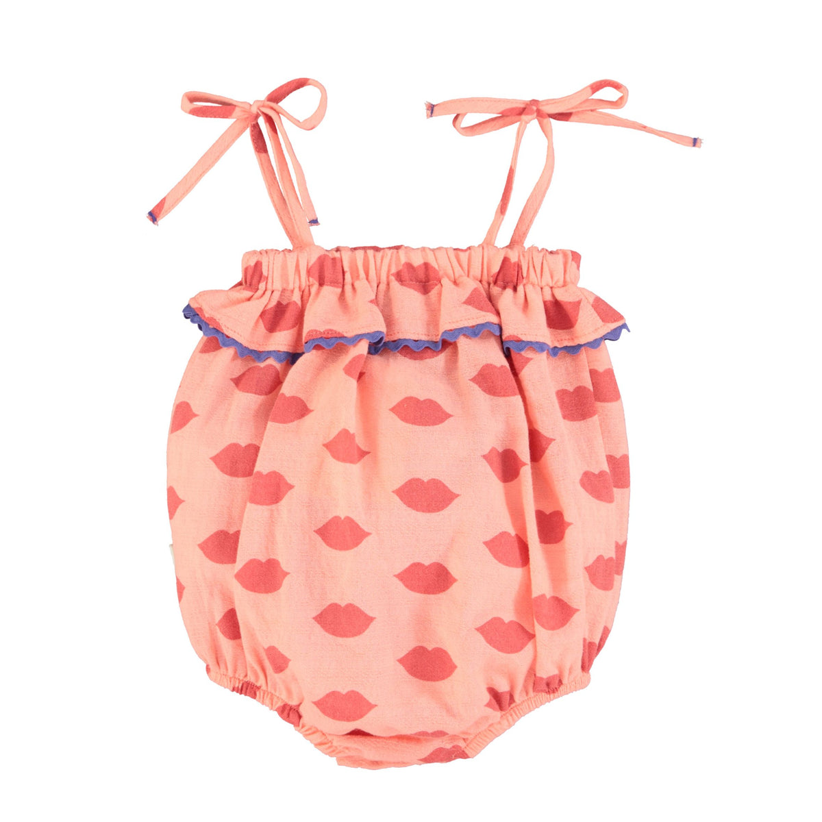 piupiuchick baby romper with ruffles - coral with red lips